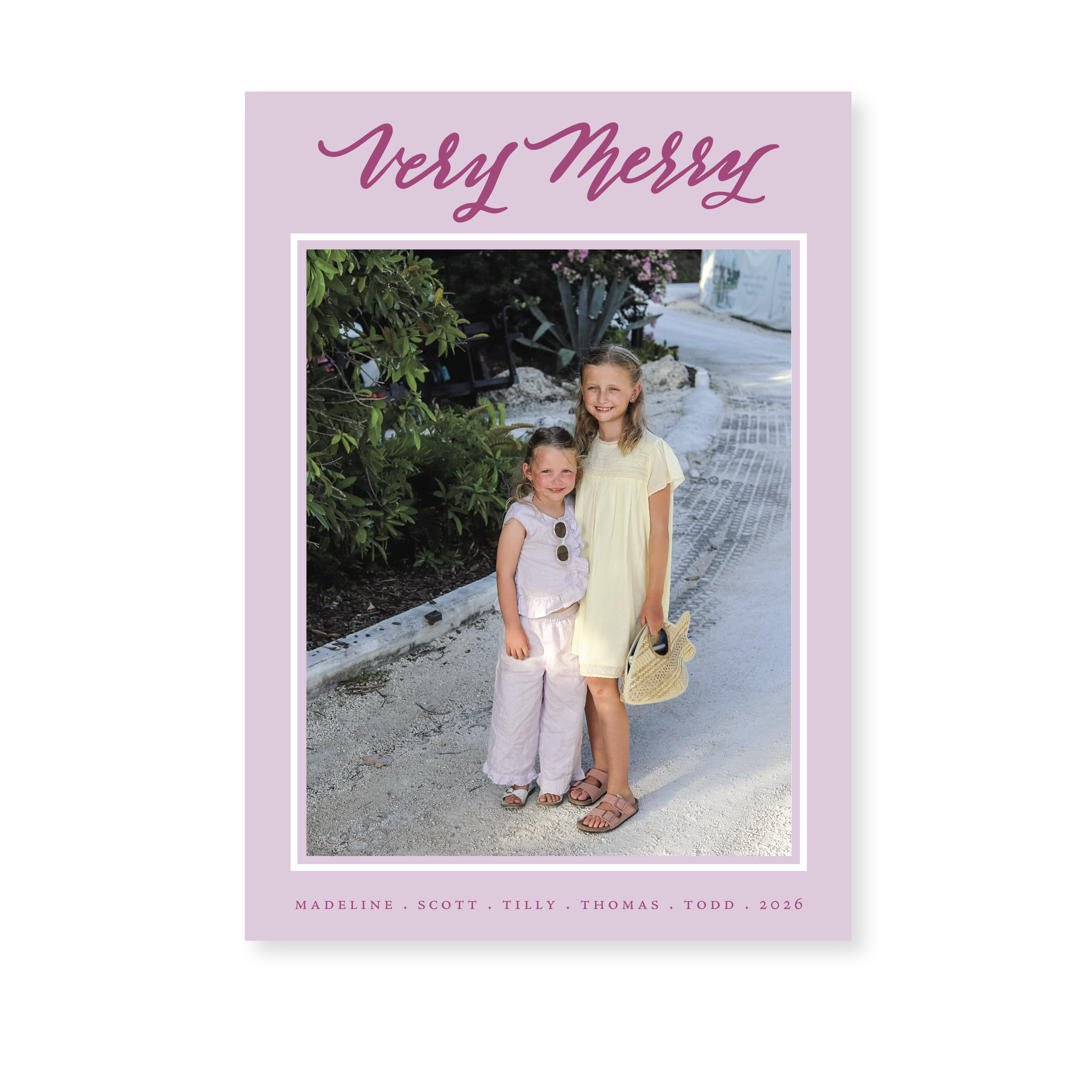 Lowen Classic Flat Print Very Merry photo mount holiday card featuring original hand-lettered artwork by Stovall Collection.