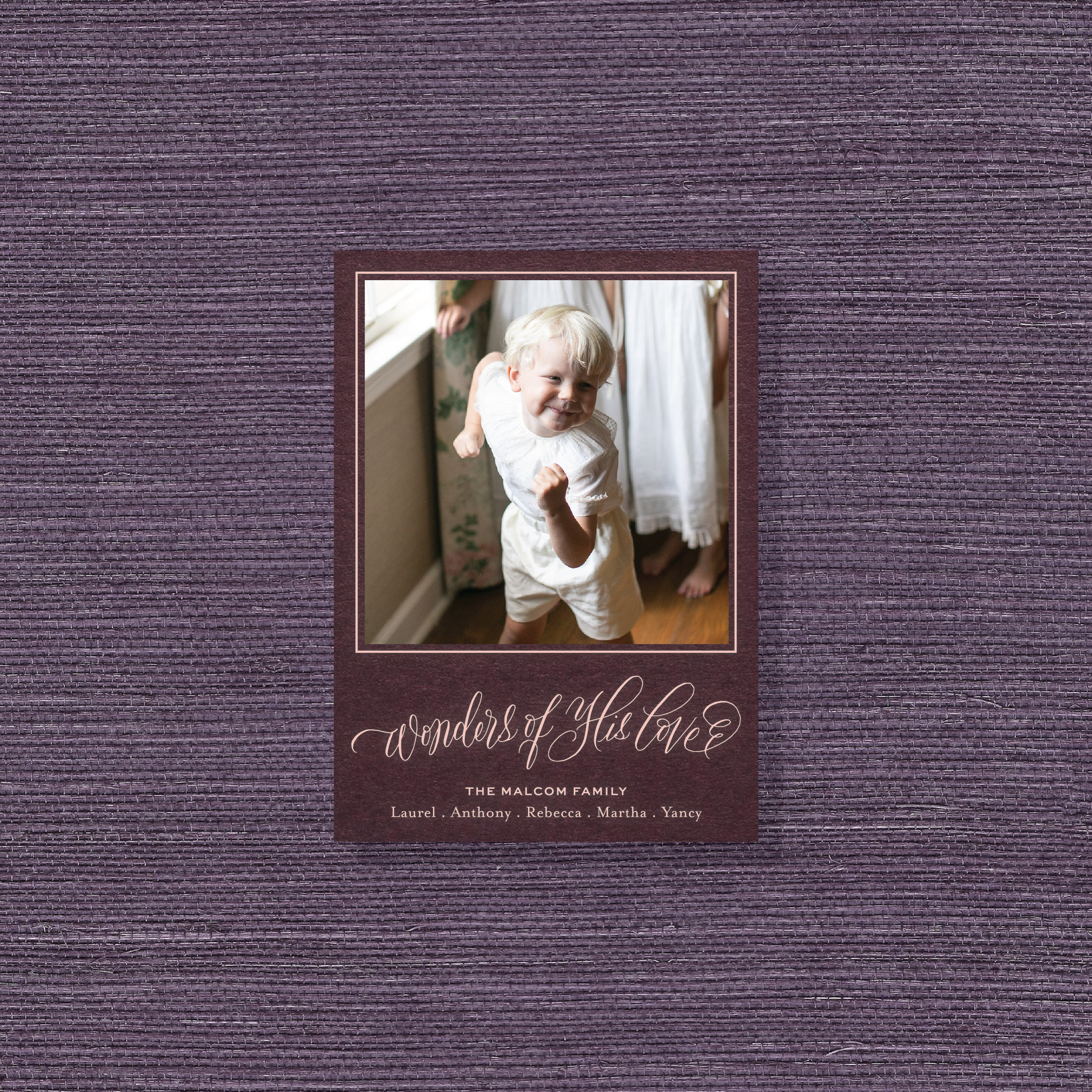 Personalized Loxley Engraved Holiday Card featuring a family photograph and graceful hand-lettered “Wonders of His Love” artwork.