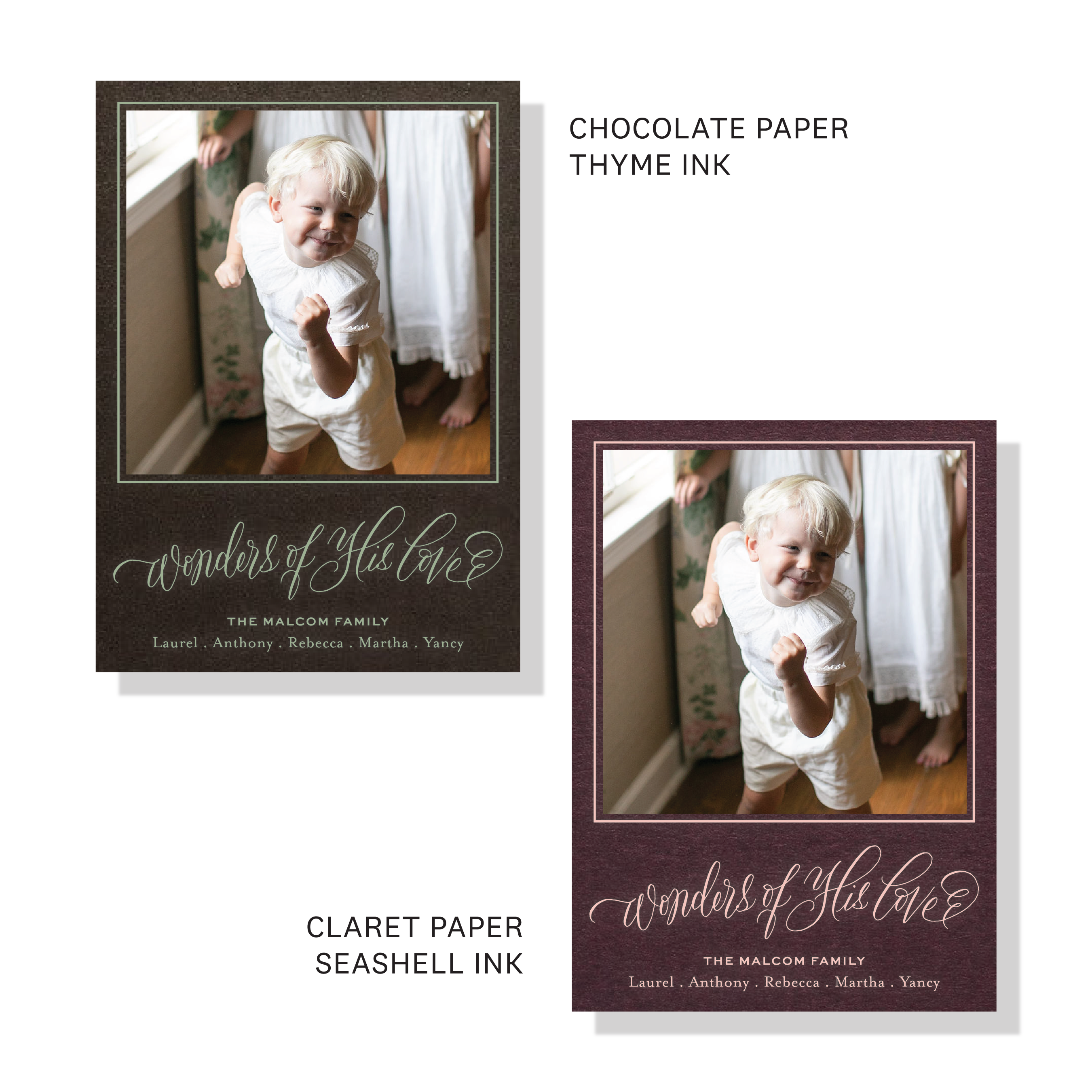 Personalized Loxley Engraved Holiday Card featuring a family photograph and graceful hand-lettered “Wonders of His Love” artwork.