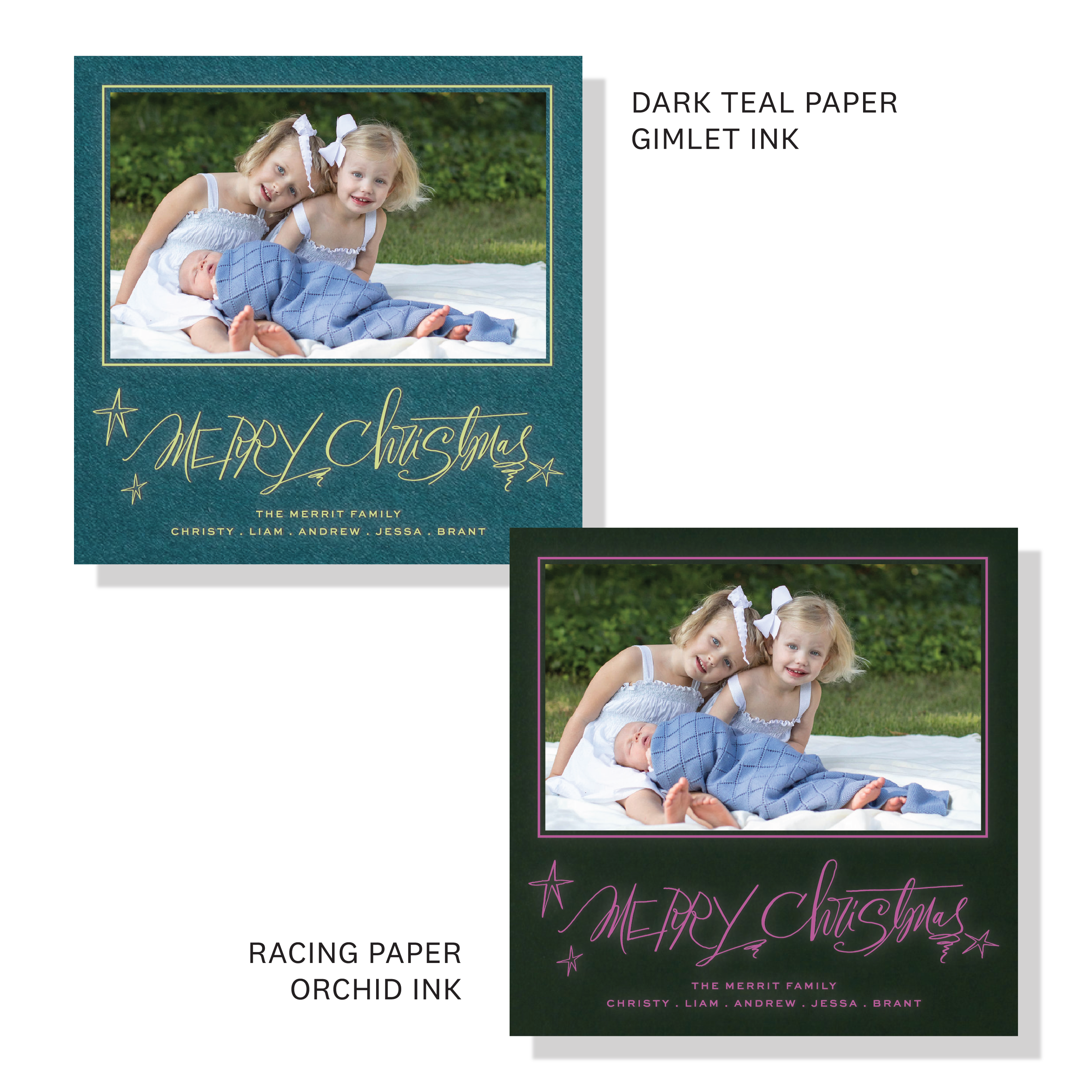 Merritt Engraved Holiday Card featuring sweeping hand-lettered “Merry Christmas” calligraphy, a favorite family photograph, and traditional engraving.