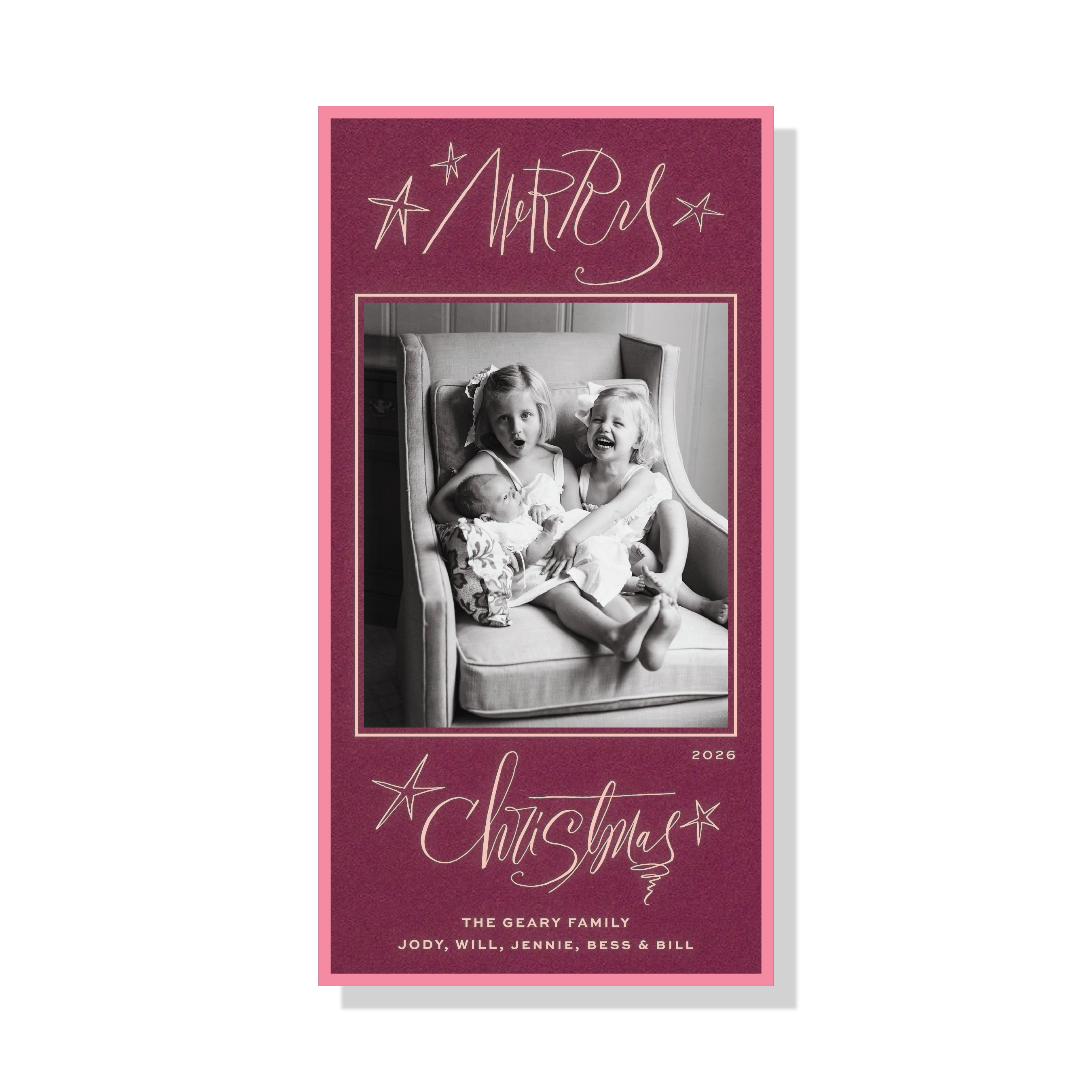 Merritt Engraved Photo Holiday Card featuring a family photograph, joyful “Merry Christmas” lettering, and elegant engraved details