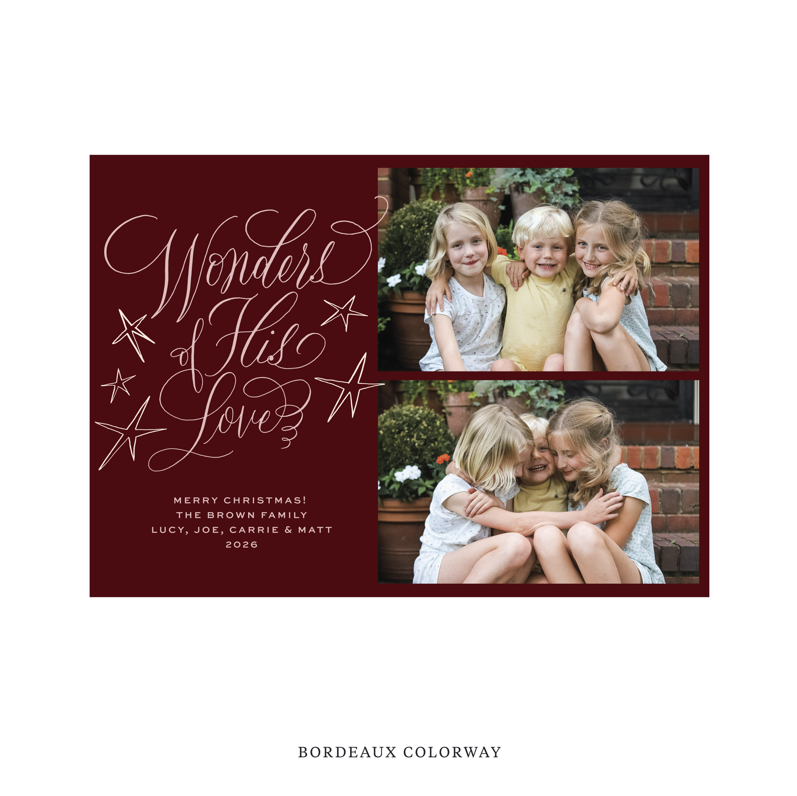 Celebrate the season with the Merriweather "Wonders of His Love" Holiday Card by Stovall Collection. Featuring original hand-lettered artwork, this luxury personalized photo mount holiday card is available in 22 thoughtfully curated flat printing colorways.