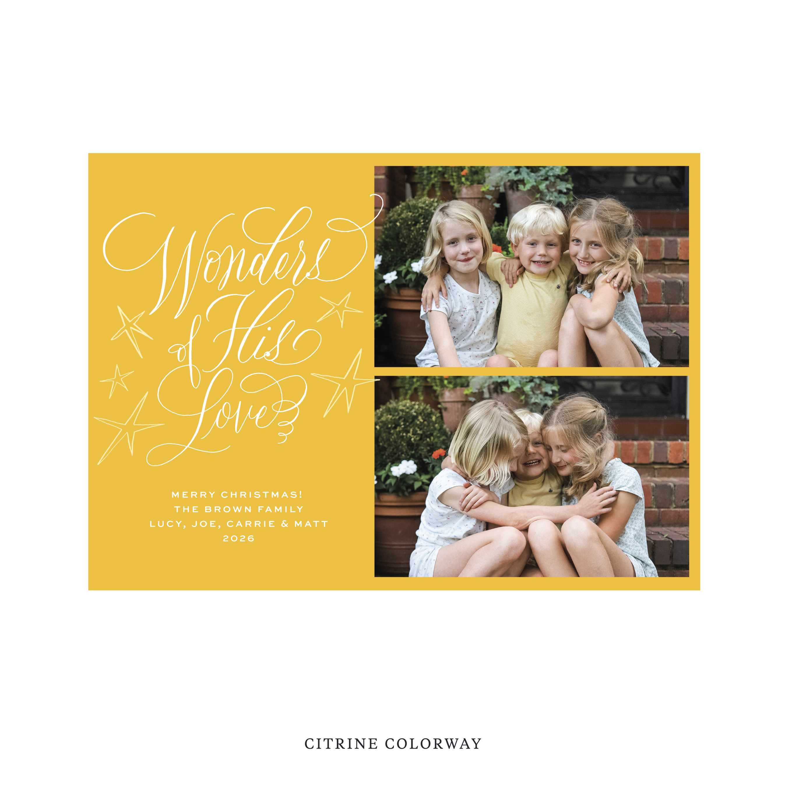 Celebrate the season with the Merriweather "Wonders of His Love" Holiday Card by Stovall Collection. Featuring original hand-lettered artwork, this luxury personalized photo mount holiday card is available in 22 thoughtfully curated flat printing colorways.