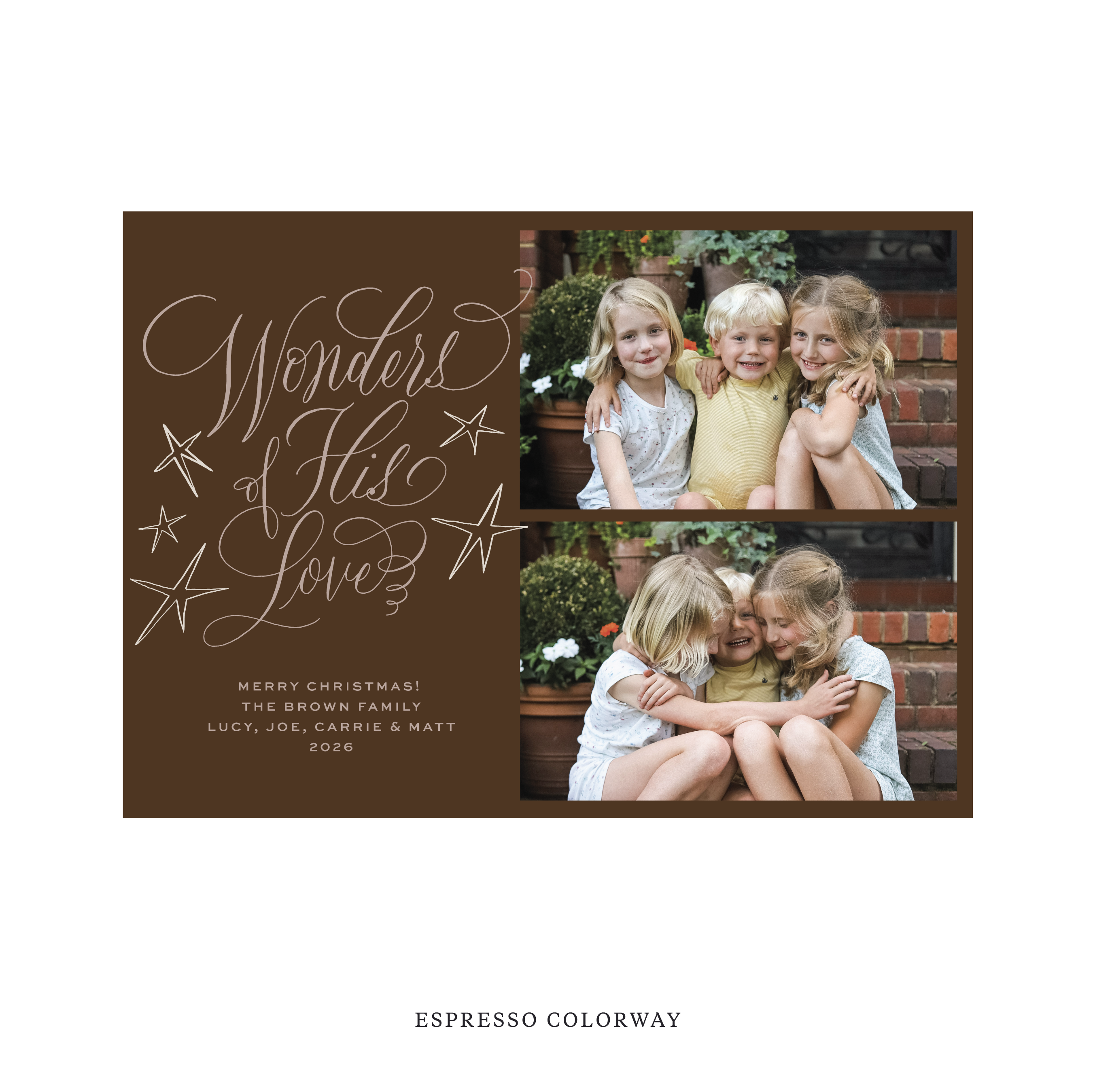 Celebrate the season with the Merriweather "Wonders of His Love" Holiday Card by Stovall Collection. Featuring original hand-lettered artwork, this luxury personalized photo mount holiday card is available in 22 thoughtfully curated flat printing colorways.