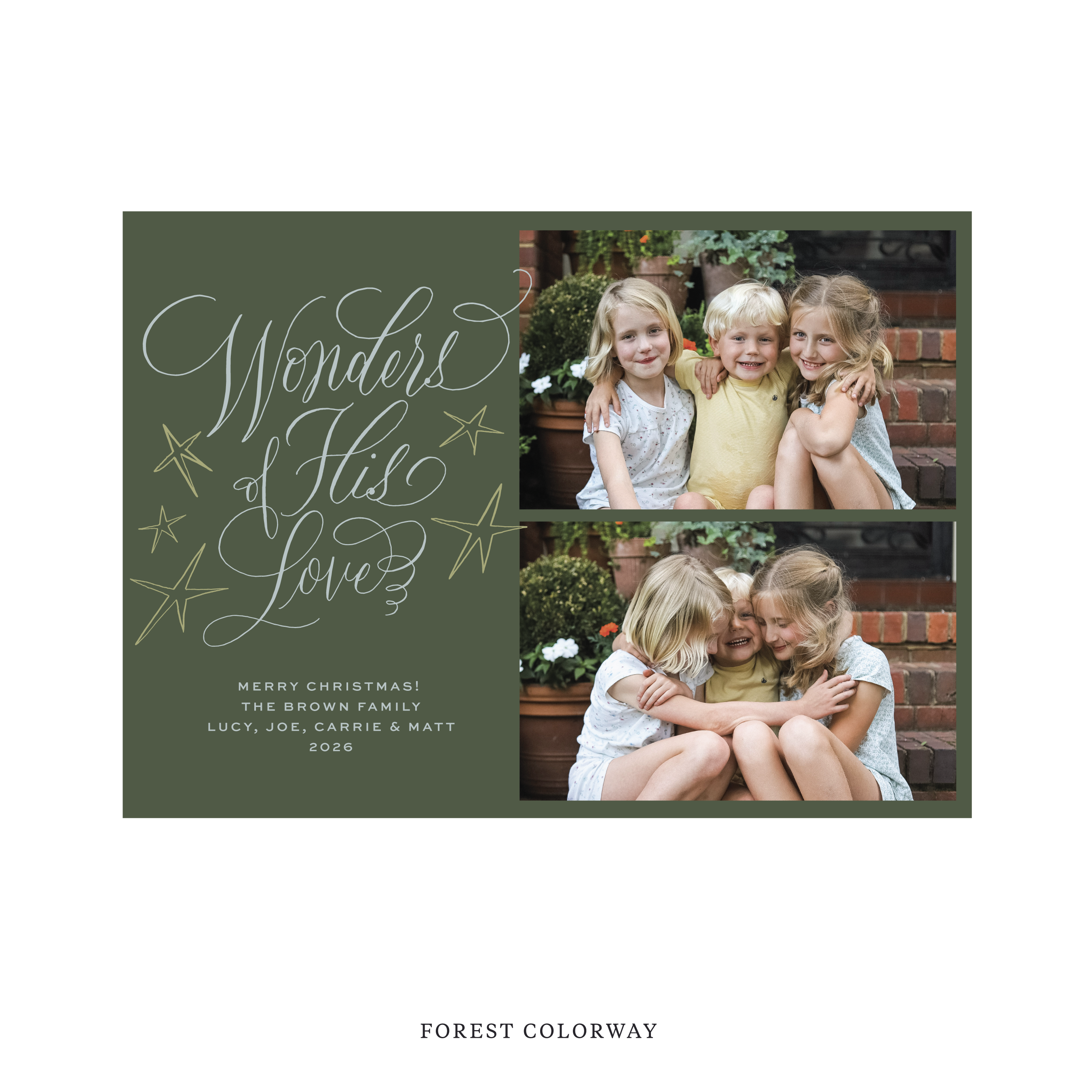 Celebrate the season with the Merriweather "Wonders of His Love" Holiday Card by Stovall Collection. Featuring original hand-lettered artwork, this luxury personalized photo mount holiday card is available in 22 thoughtfully curated flat printing colorways.