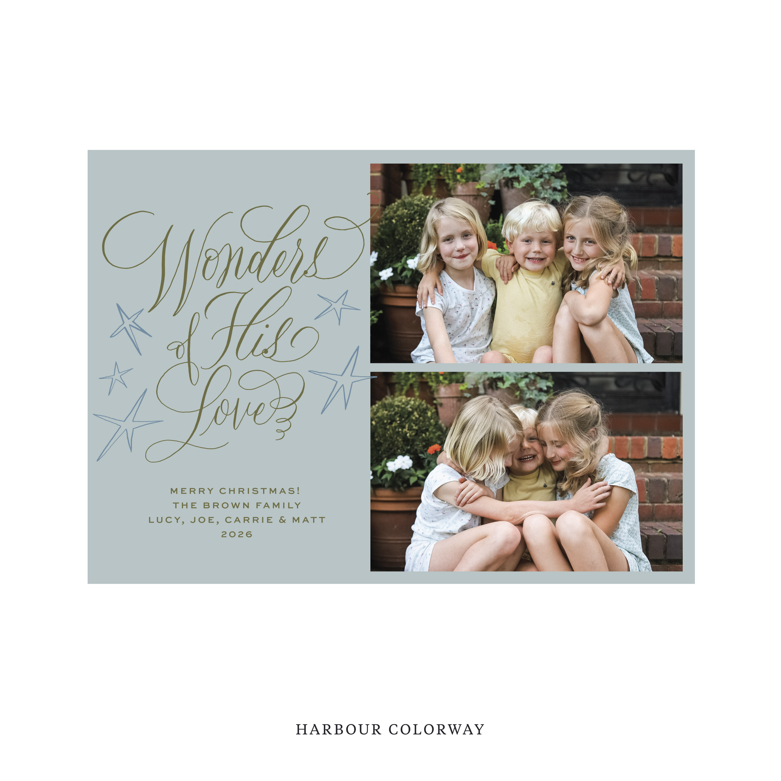Celebrate the season with the Merriweather "Wonders of His Love" Holiday Card by Stovall Collection. Featuring original hand-lettered artwork, this luxury personalized photo mount holiday card is available in 22 thoughtfully curated flat printing colorways.