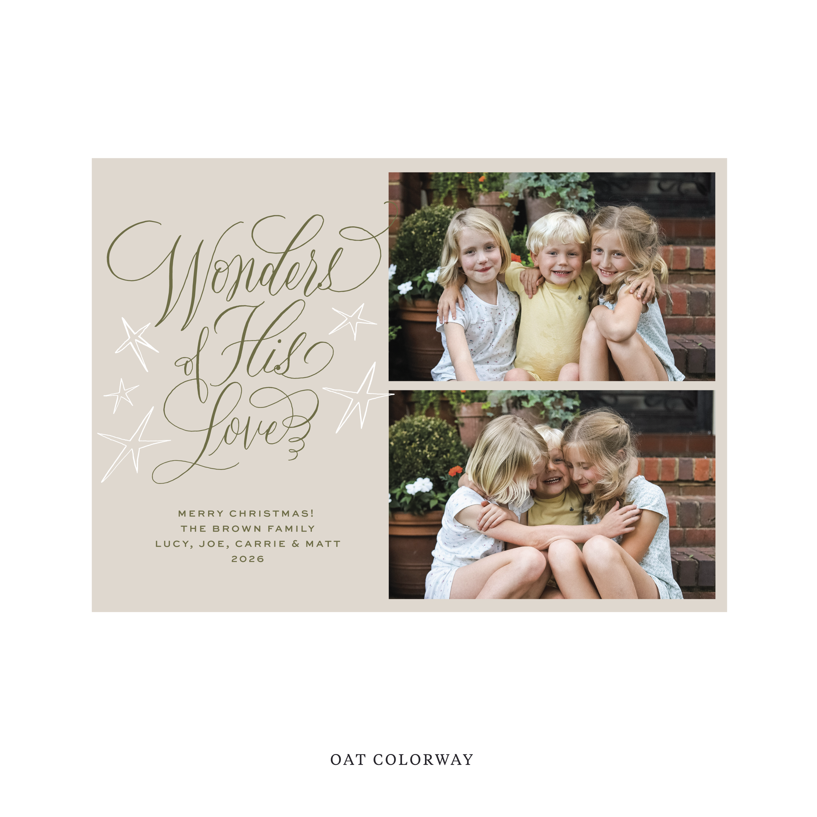 Celebrate the season with the Merriweather "Wonders of His Love" Holiday Card by Stovall Collection. Featuring original hand-lettered artwork, this luxury personalized photo mount holiday card is available in 22 thoughtfully curated flat printing colorways.