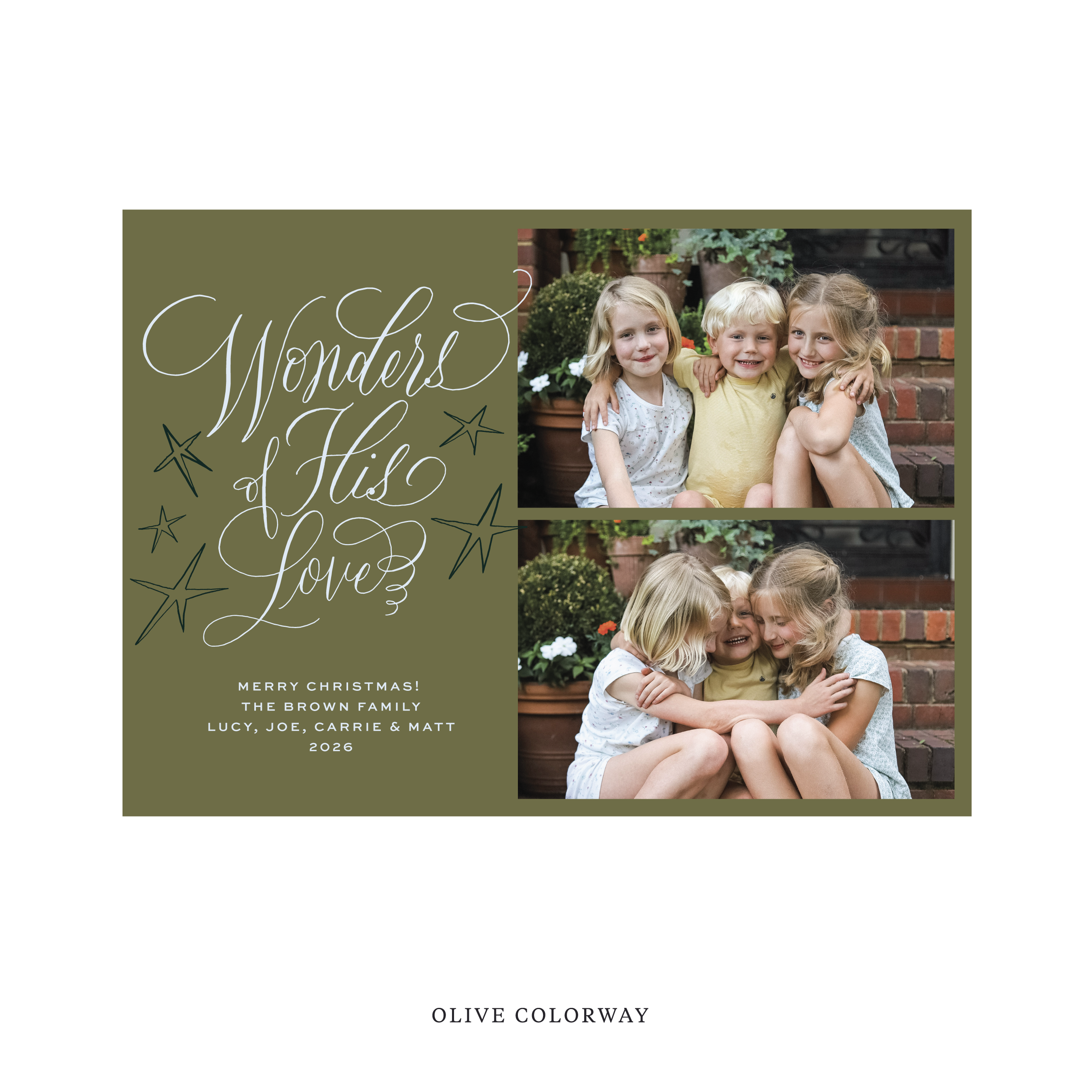 Celebrate the season with the Merriweather "Wonders of His Love" Holiday Card by Stovall Collection. Featuring original hand-lettered artwork, this luxury personalized photo mount holiday card is available in 22 thoughtfully curated flat printing colorways.