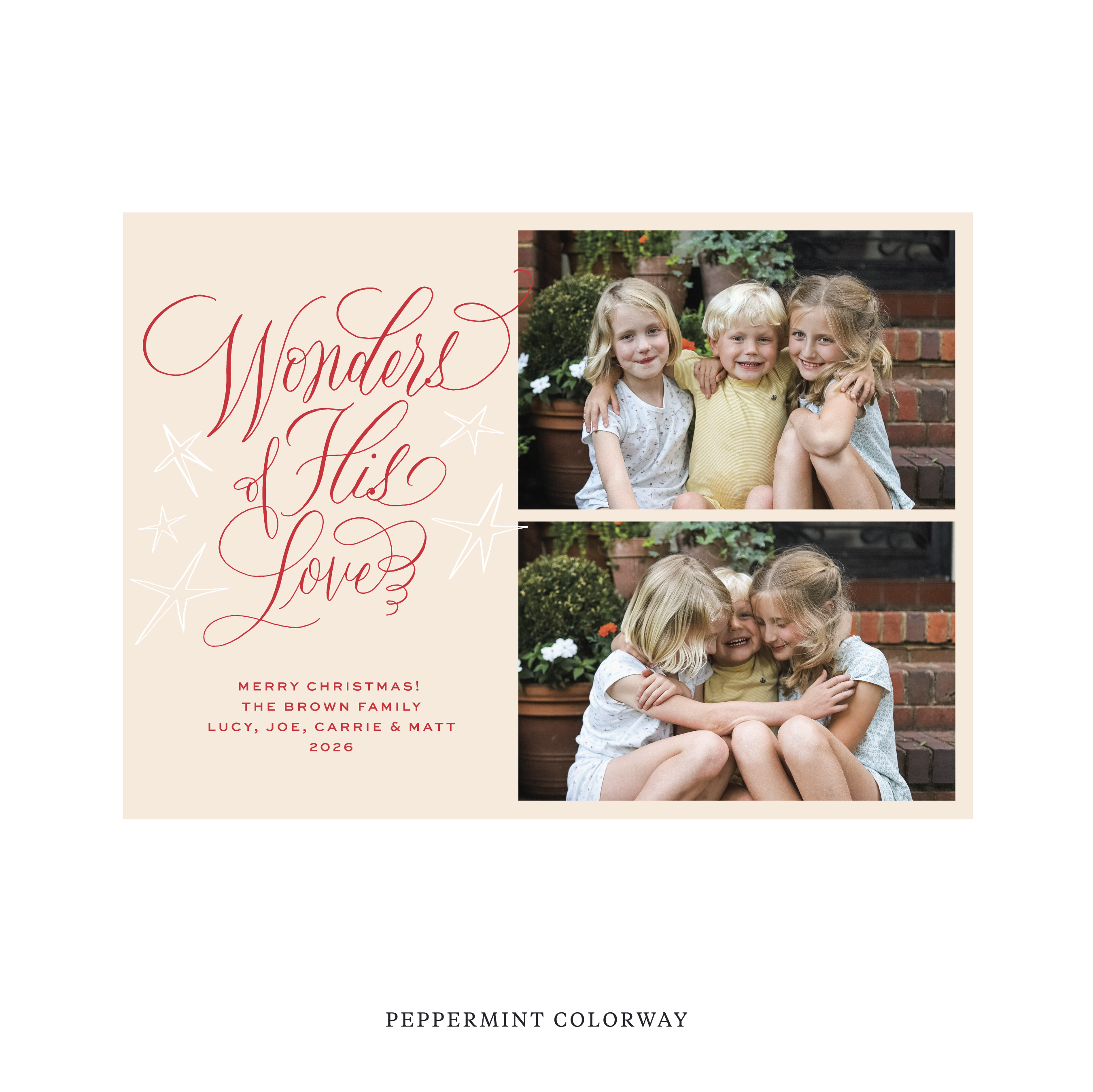 Celebrate the season with the Merriweather "Wonders of His Love" Holiday Card by Stovall Collection. Featuring original hand-lettered artwork, this luxury personalized photo mount holiday card is available in 22 thoughtfully curated flat printing colorways.
