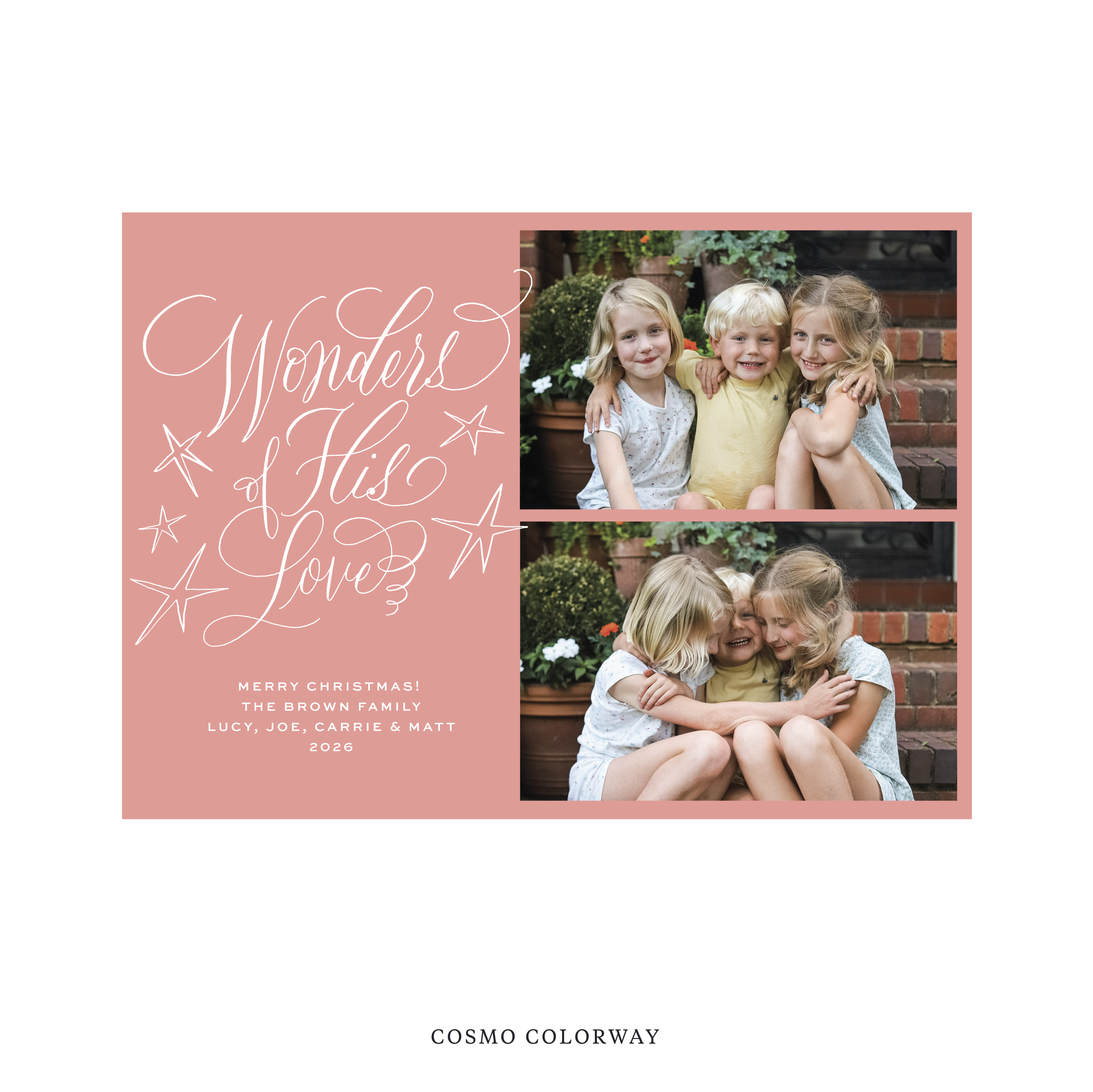 Celebrate the season with the Merriweather "Wonders of His Love" Holiday Card by Stovall Collection. Featuring original hand-lettered artwork, this luxury personalized photo mount holiday card is available in 22 thoughtfully curated flat printing colorways.
