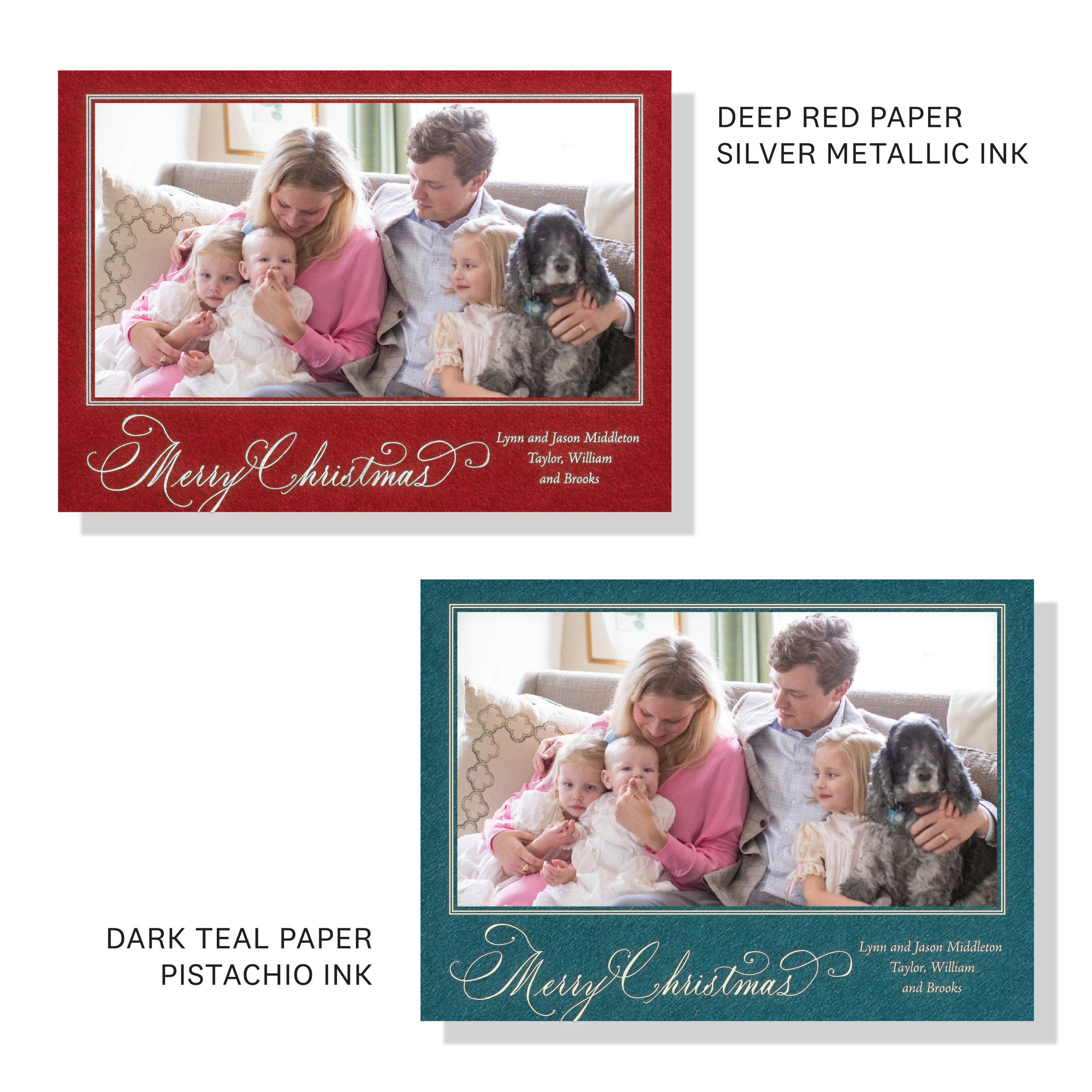Middleton Engraved Christmas Photo Card with a family portrait, graceful “Merry Christmas” lettering, and crisp raised engraved details.