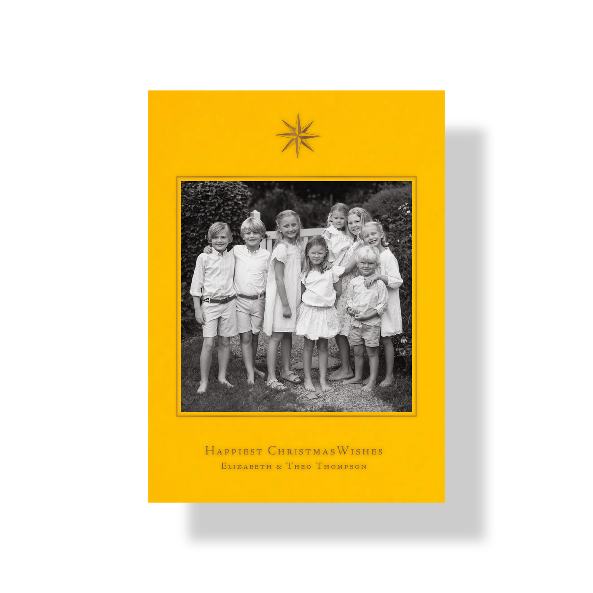Persephone engraved holiday card in citrine paper with metallic copper ink, mounted family photo and customizable Christmas greeting