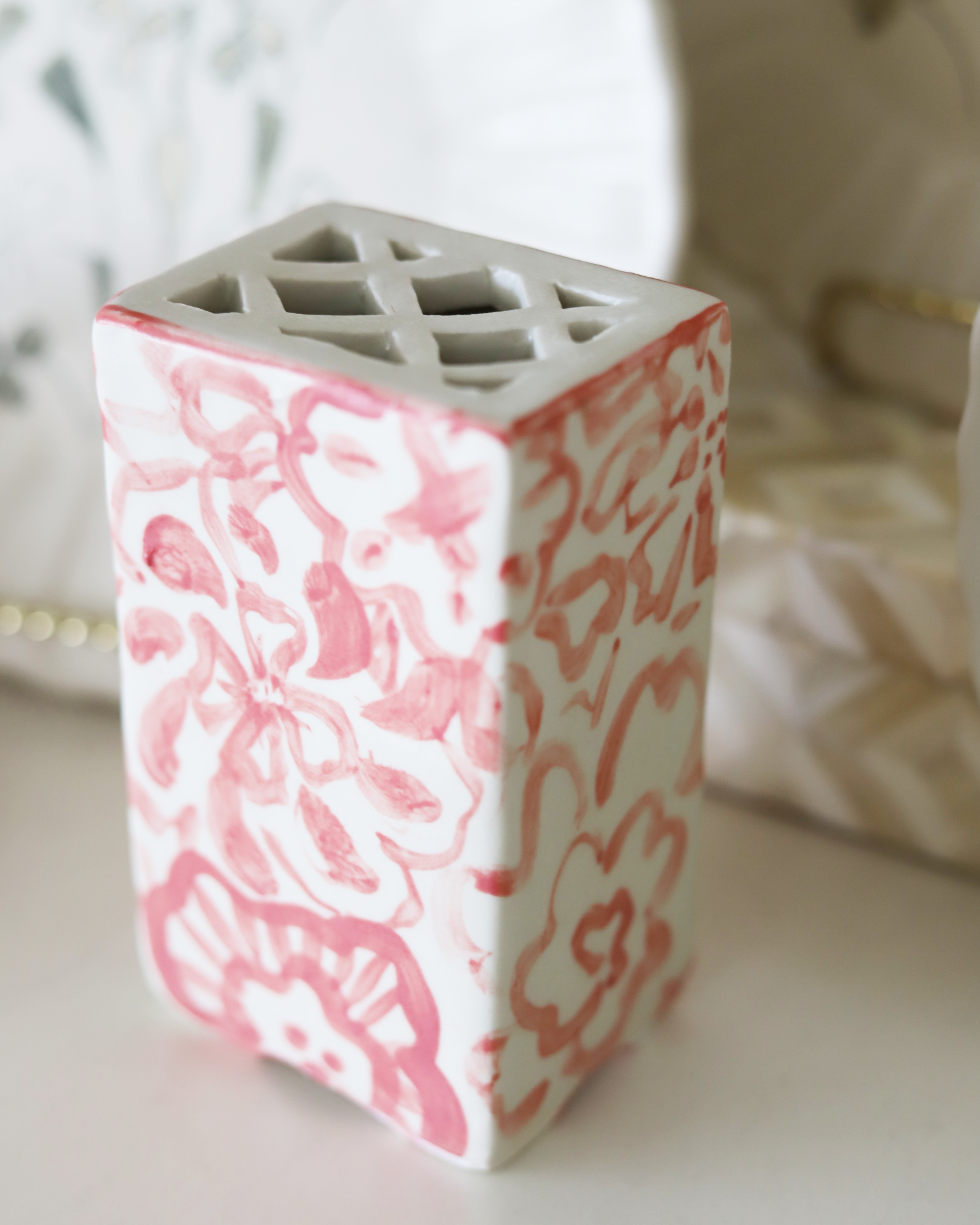 Pink Floral Vertical Brick Vase