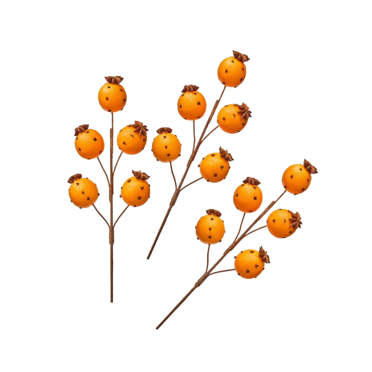 Set of three Clementine and Clove Pomander Sprays with five faux citrus fruits on each stem