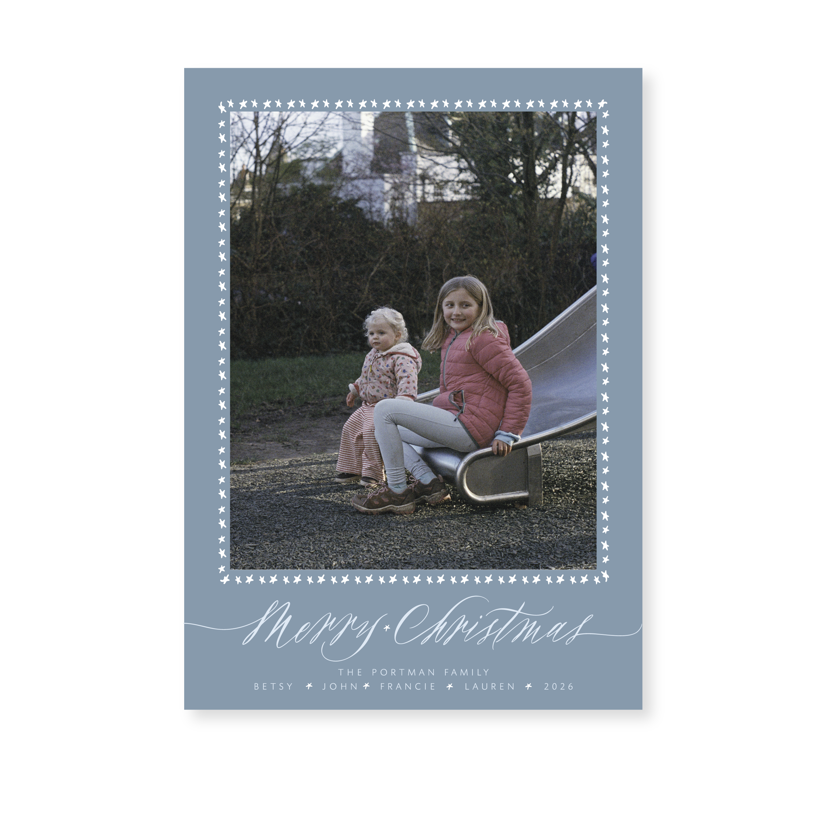 Portman Classic Flat Print Merry Christmas photo mount holiday card featuring original hand-lettered artwork by Stovall Collection.