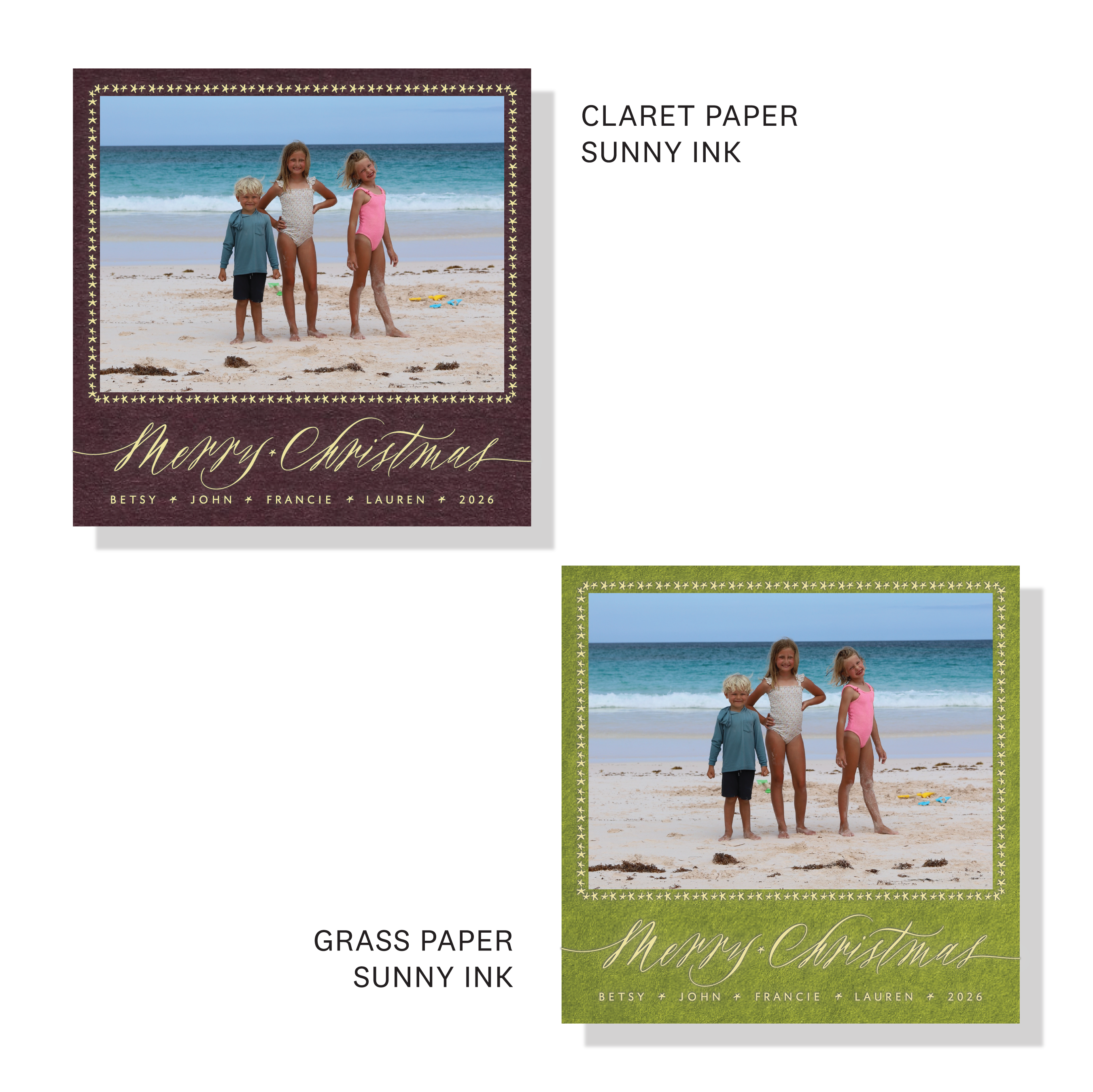 Personalized Portman Engraved Holiday Card featuring a family photograph and expressive hand-lettered “Merry Christmas” artwork.