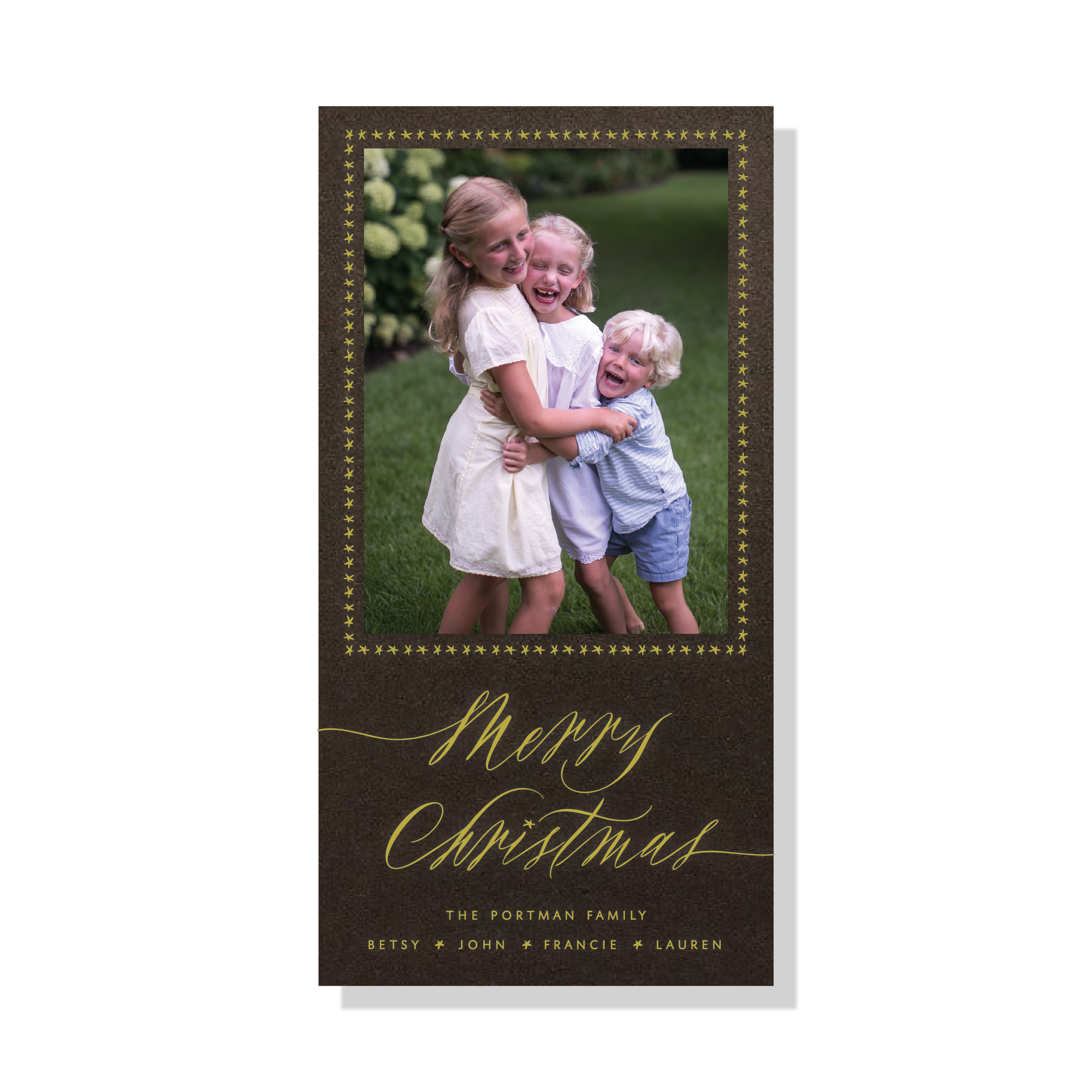 Portman Engraved Holiday Card featuring bold hand-lettered “Merry Christmas” calligraphy, a favorite family photograph, and traditional engraving.