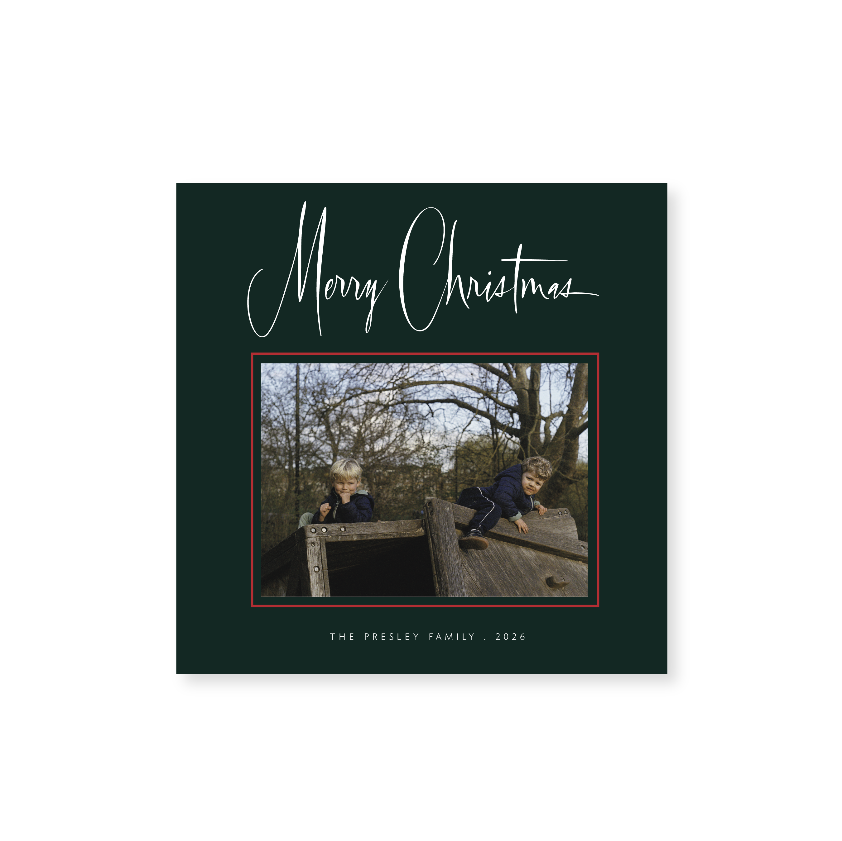 Presley Classic Flat Print Merry Christmas photo mount holiday card featuring original hand-lettered artwork by Stovall Collection.