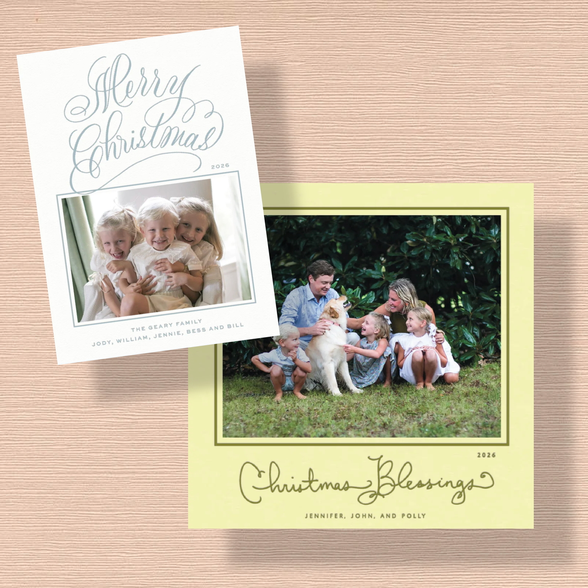 Letterpress holiday cards on white or colored paper with photo mount