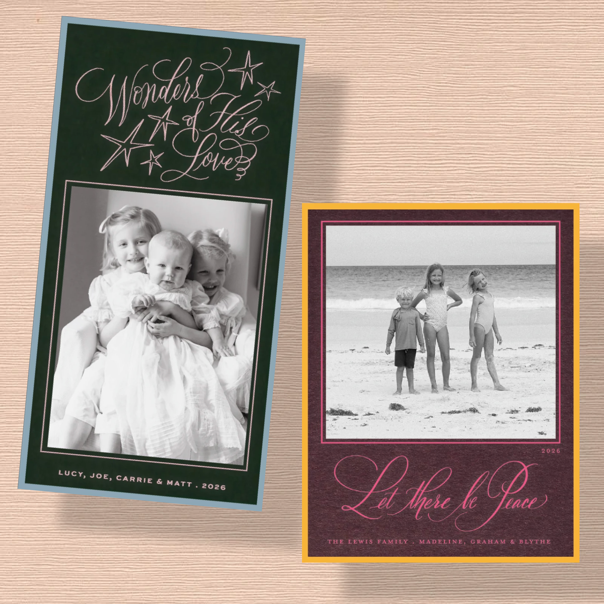 Photo mount holiday card with engraved calligraphy and hand-painted border