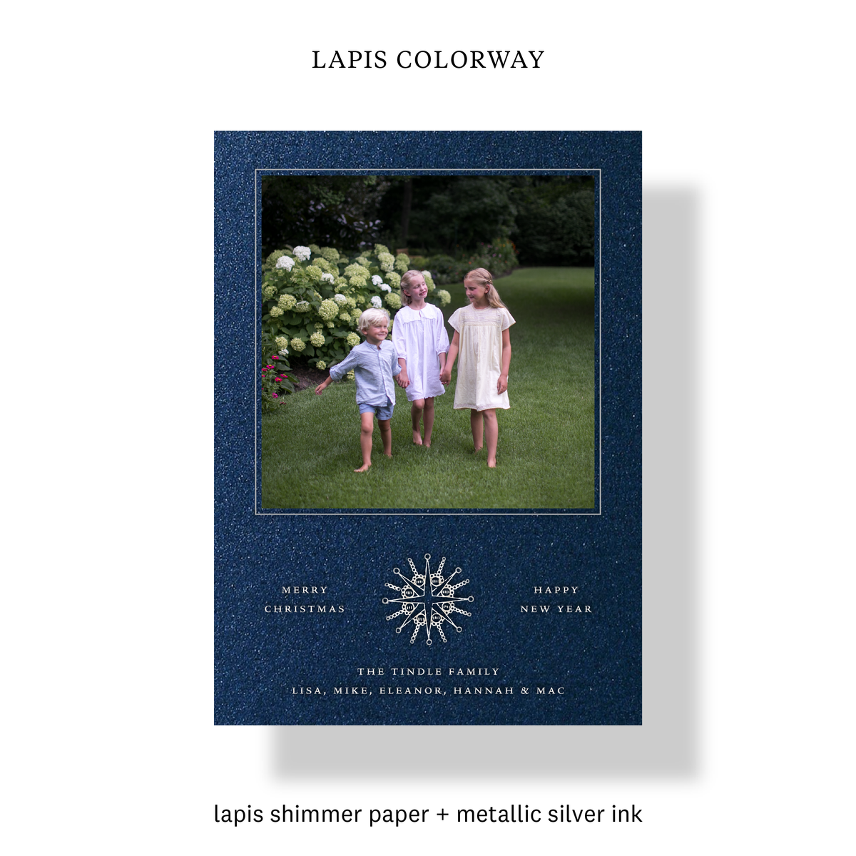 Lapis colorway of the Rhea Engraved Holiday Card with mounted photo, metallic silver ink and engraved celestial motif