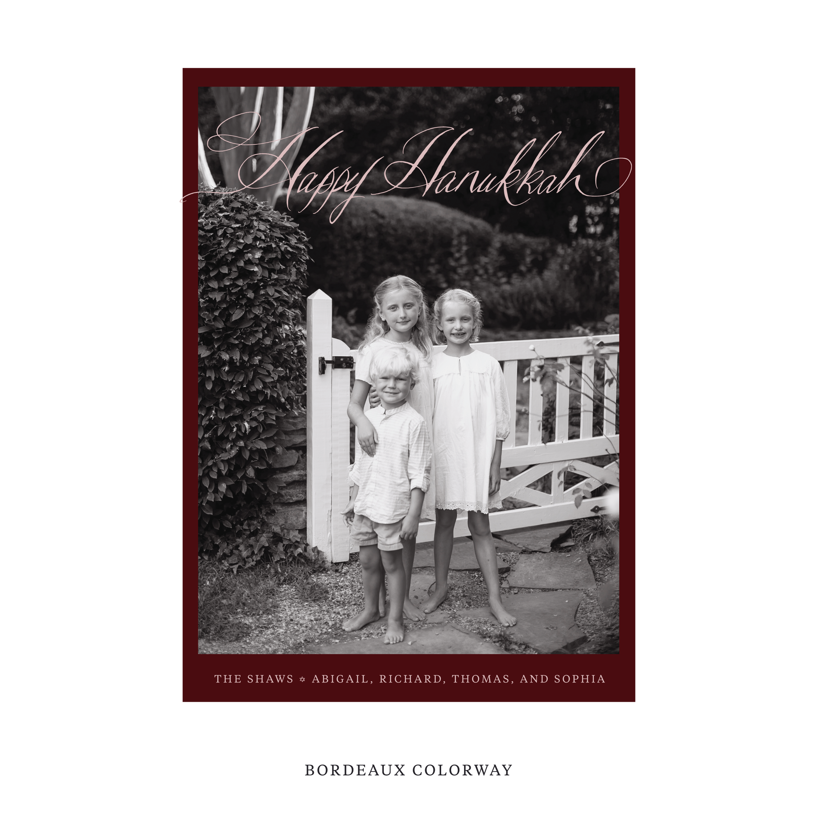 Celebrate the season with the Shaw "Happy Hanukkah" Holiday Card by Stovall Collection. Featuring original hand-lettered artwork, this luxury personalized photo mount holiday card is available in 22 thoughtfully curated flat printing colorways.