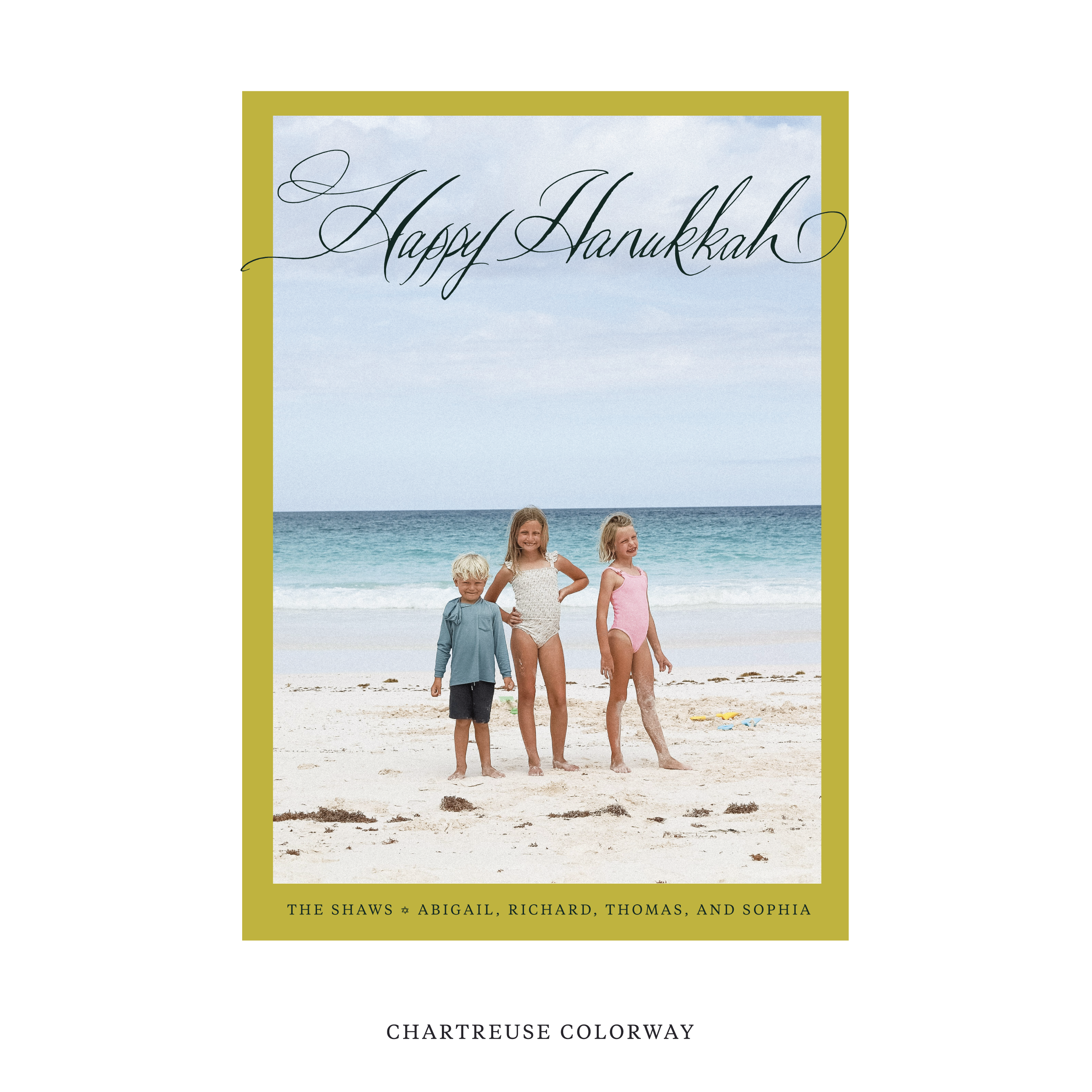 Celebrate the season with the Shaw "Happy Hanukkah" Holiday Card by Stovall Collection. Featuring original hand-lettered artwork, this luxury personalized photo mount holiday card is available in 22 thoughtfully curated flat printing colorways.
