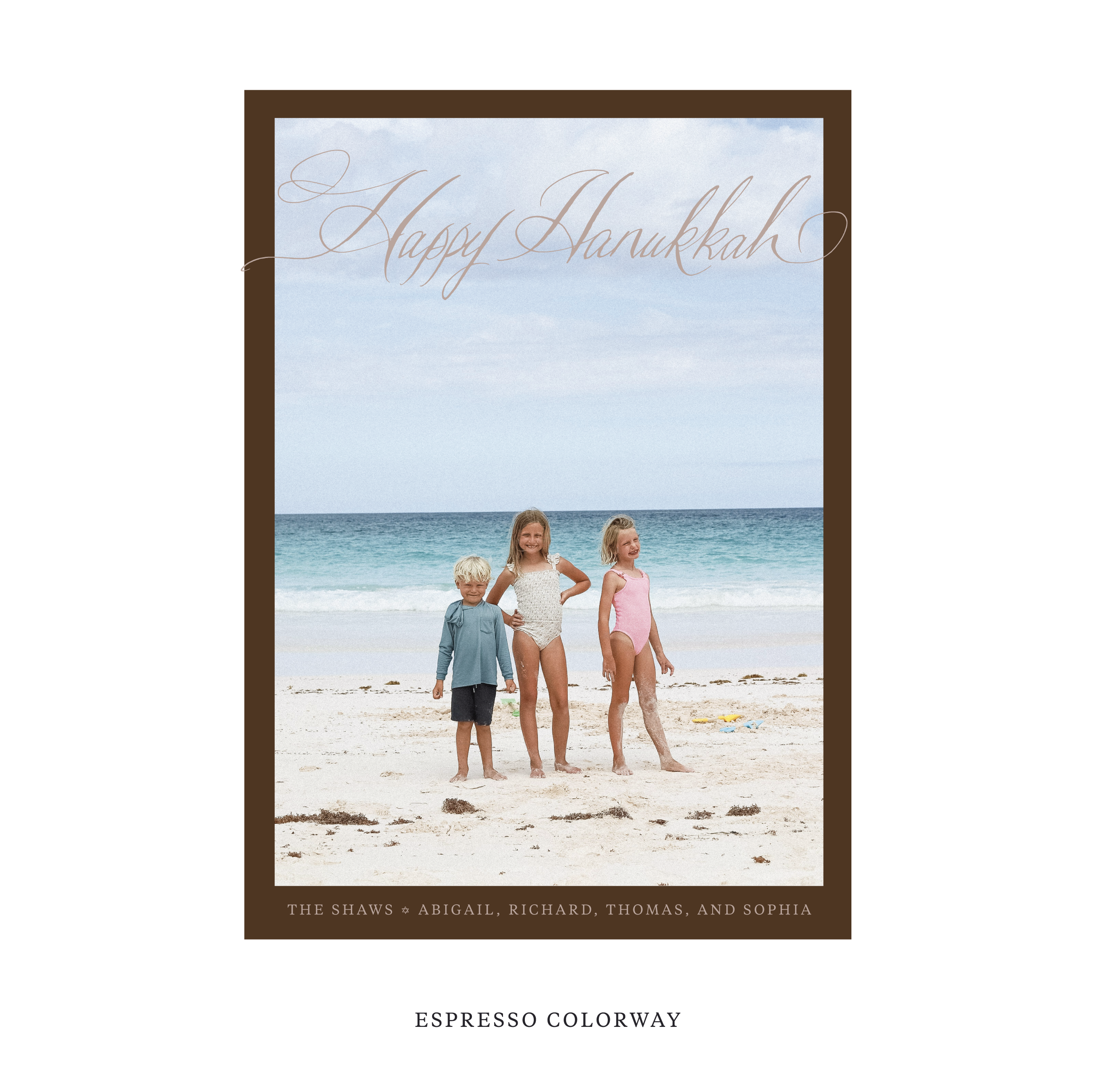 Celebrate the season with the Shaw "Happy Hanukkah" Holiday Card by Stovall Collection. Featuring original hand-lettered artwork, this luxury personalized photo mount holiday card is available in 22 thoughtfully curated flat printing colorways.