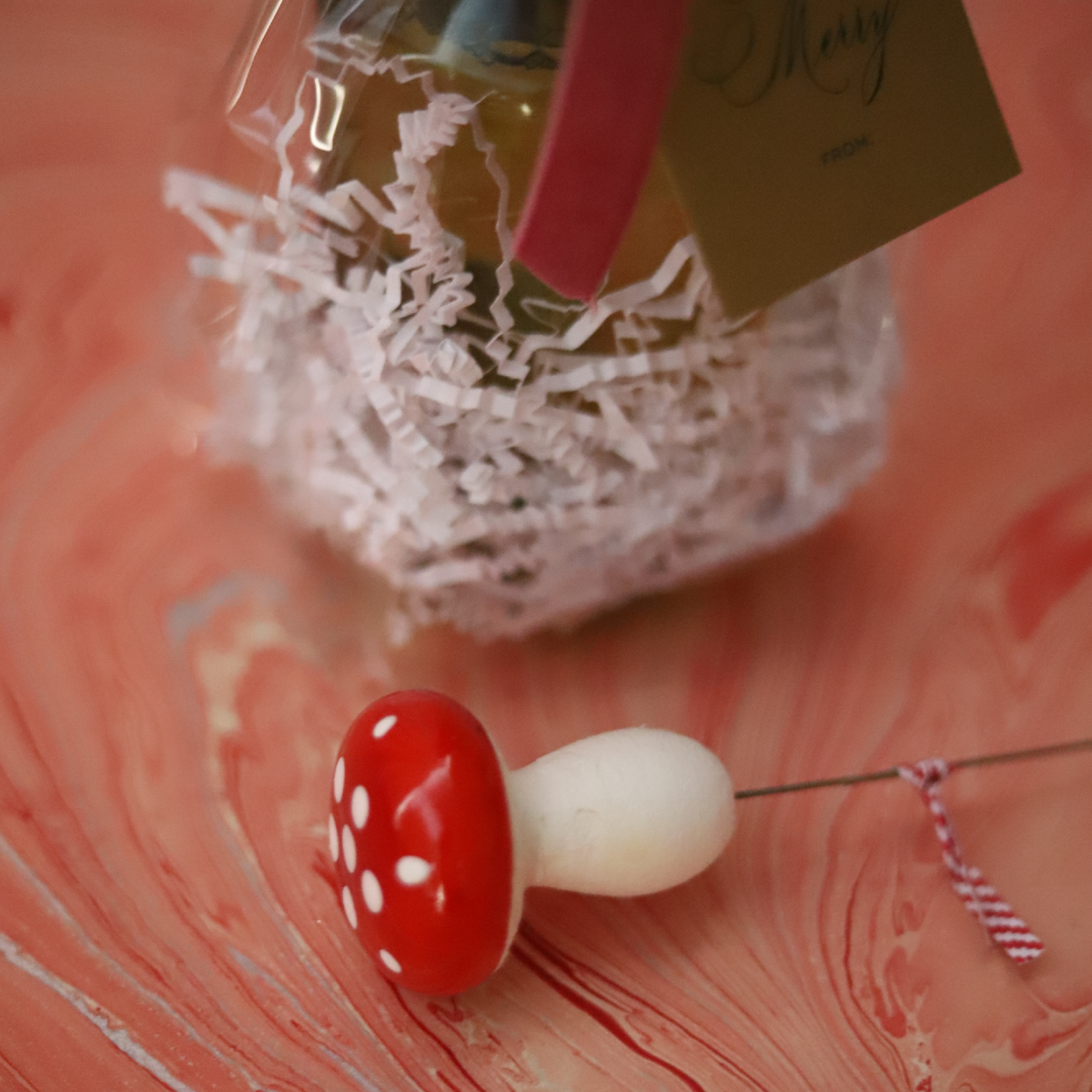 Retro spun cotton mushrooms with floral wire stems for Christmas gift wrapping