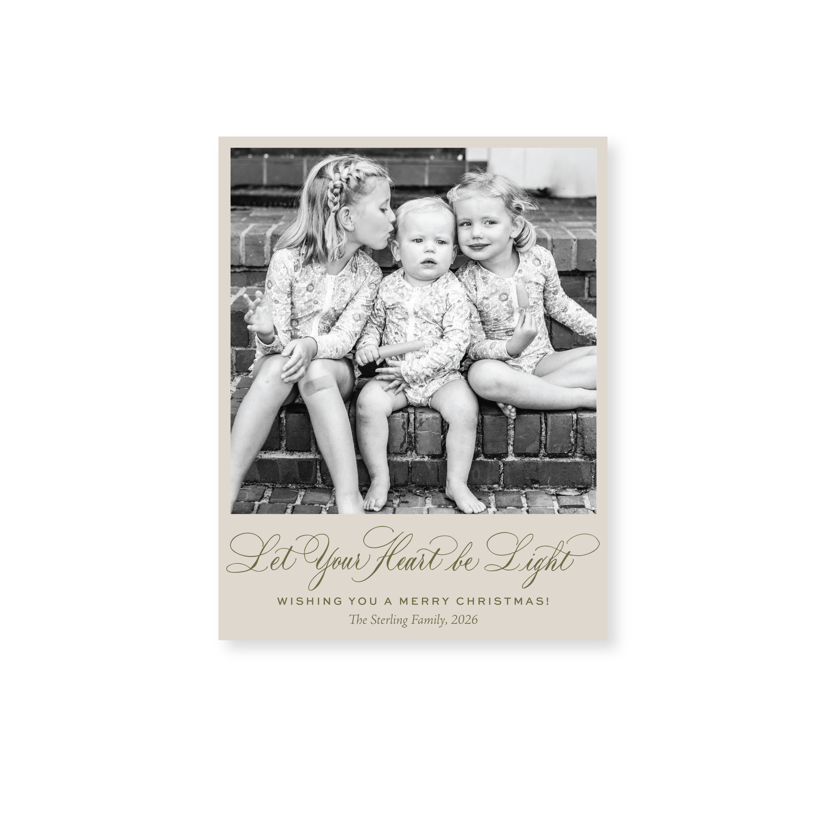 Sterling Classic Flat Print Let Your Heart Be Light photo mount holiday card featuring elegant hand-lettered artwork by Stovall Collection.