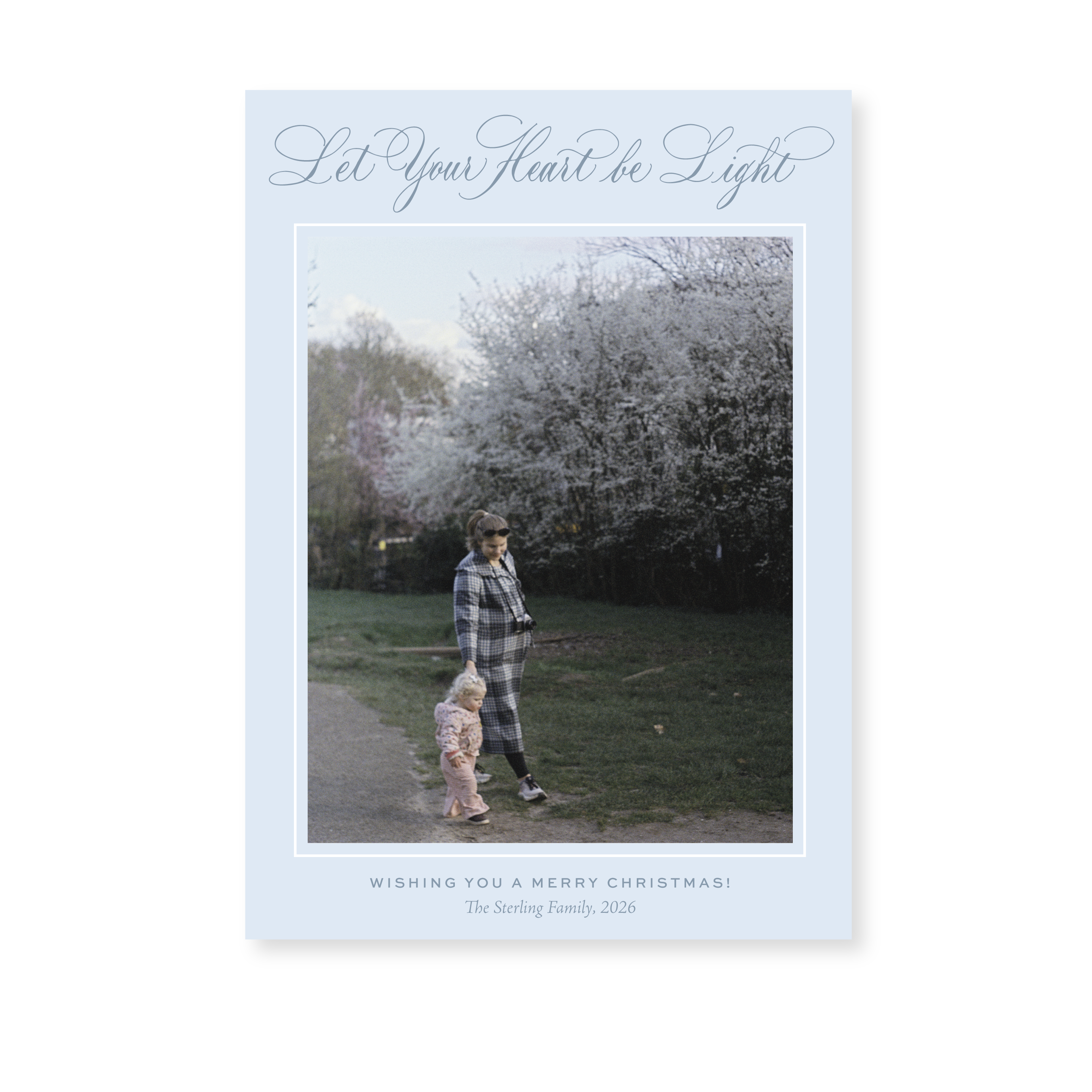 Sterling Classic Flat Print Let Your Heart Be Light photo mount holiday card featuring elegant hand-lettered artwork by Stovall Collection.