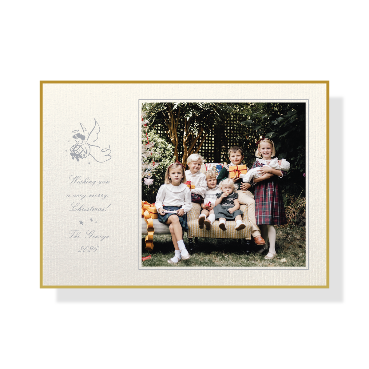 Sutton Vintage Motif Classic Print Holiday Card with family photo, vintage Christmas angel and hand-painted metallic gold border