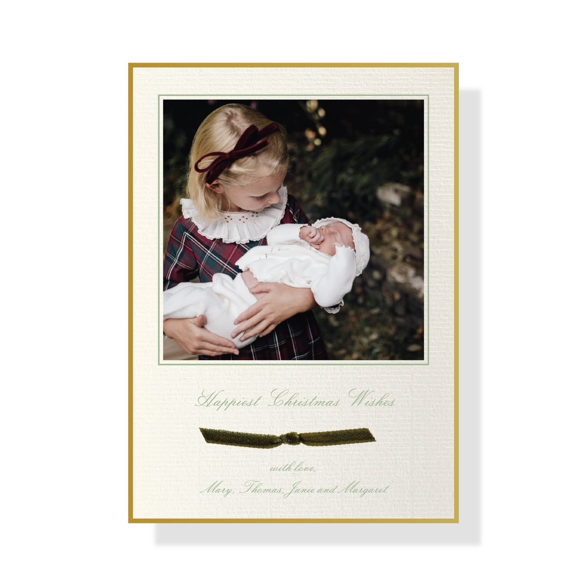 Sutton Velvet Ribbon Classic Print Holiday Card with mounted family photo, green script and hand-tied velvet ribbon