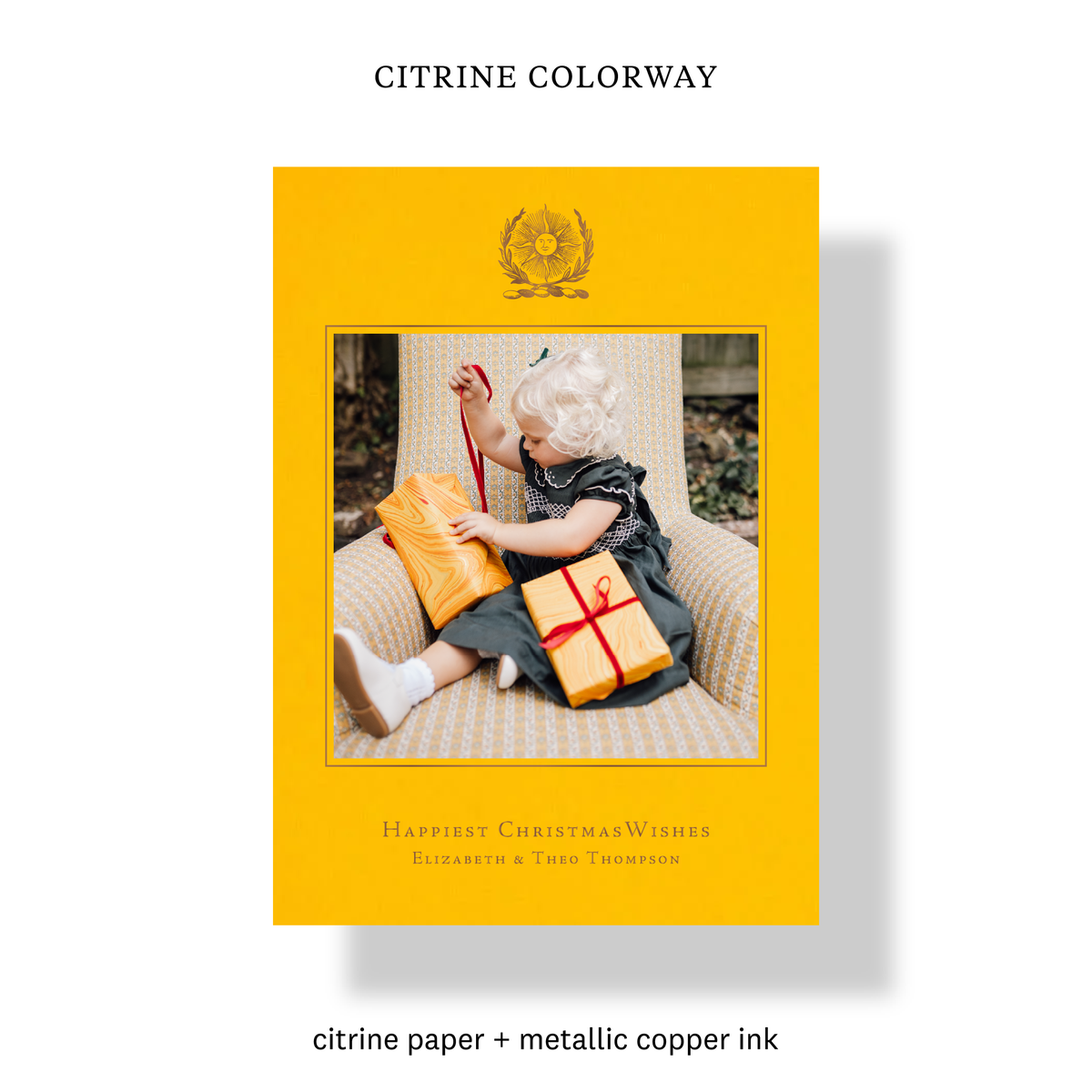Citrine colorway of the Thalia Engraved Holiday Card with mounted photo and metallic copper celestial sun detail