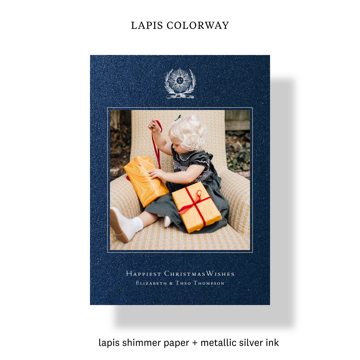 Lapis colorway of the Thalia Engraved Holiday Card with mounted photo, metallic silver ink and engraved celestial artwork