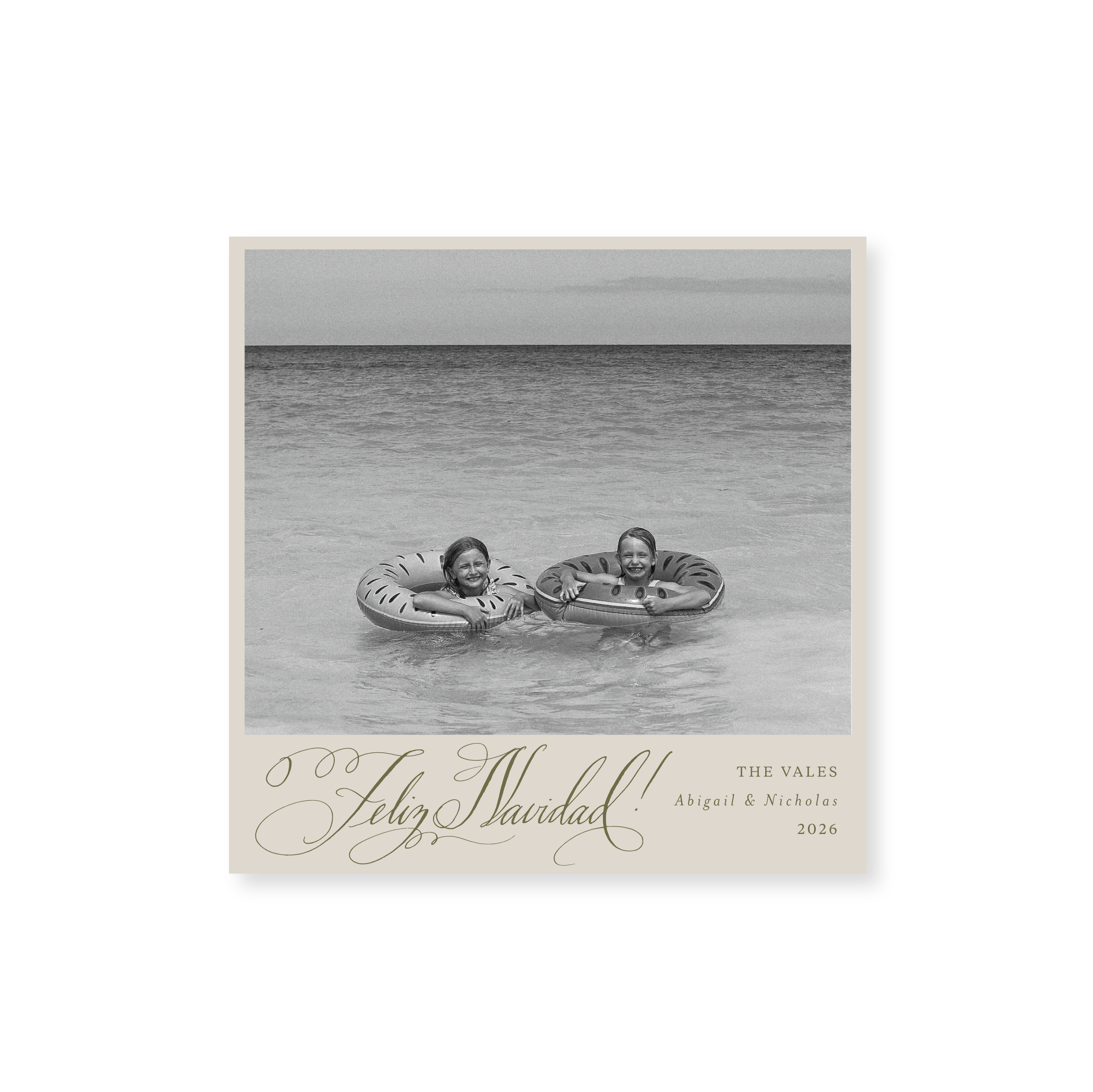 Vale Classic Flat Print photo mount holiday card featuring original pen-and-ink "Feliz Navidad" calligraphy by Stovall Collection.