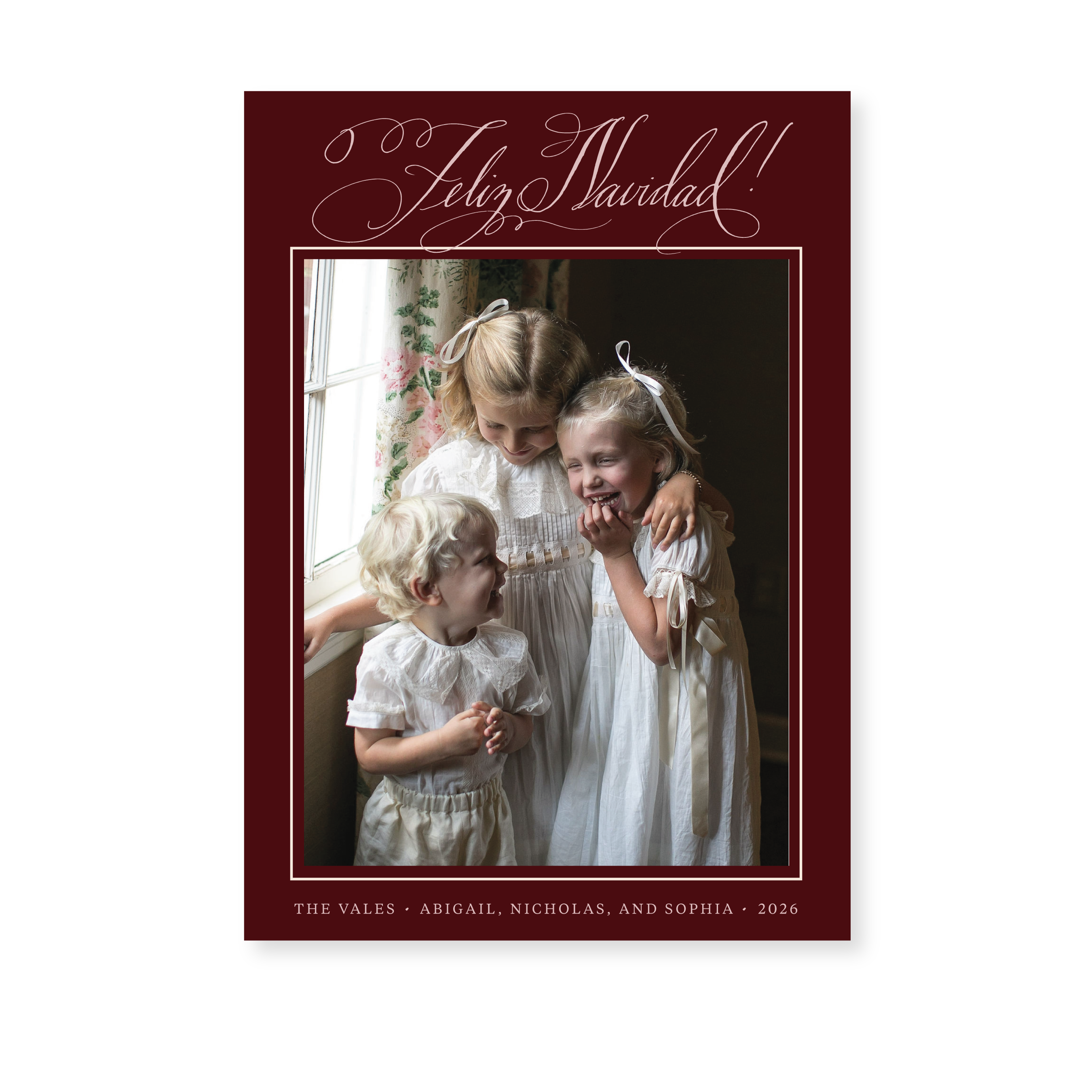 Vale Classic Flat Print photo mount holiday card featuring original pen-and-ink "Feliz Navidad" calligraphy by Stovall Collection.