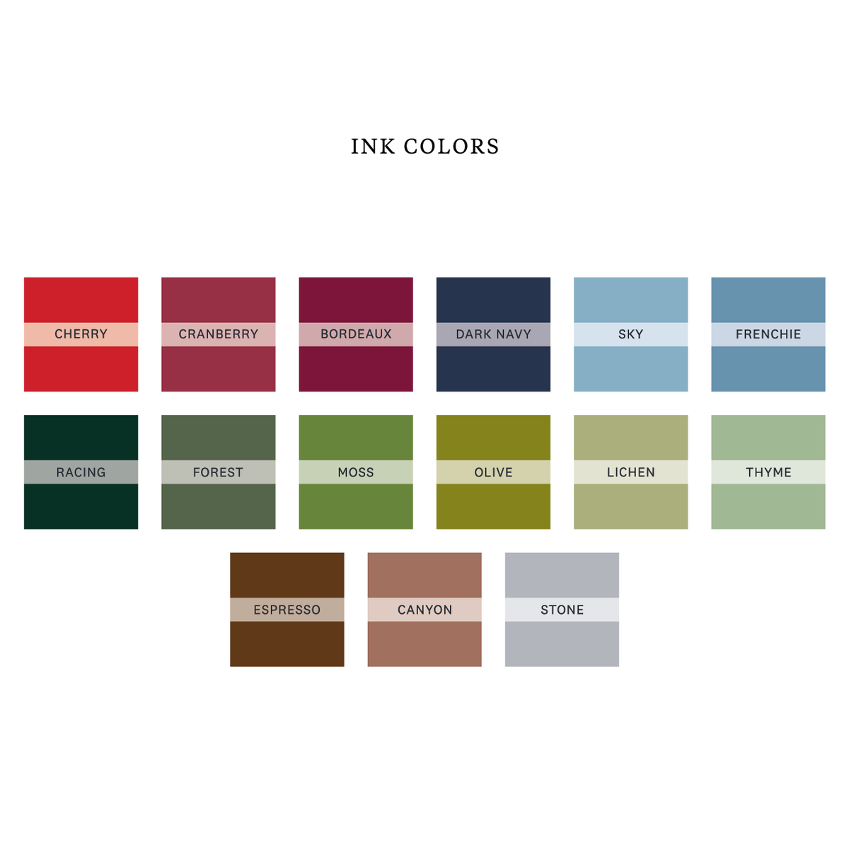Ink color options for Vintage Card Collection, including red, green, blue and neutral shades