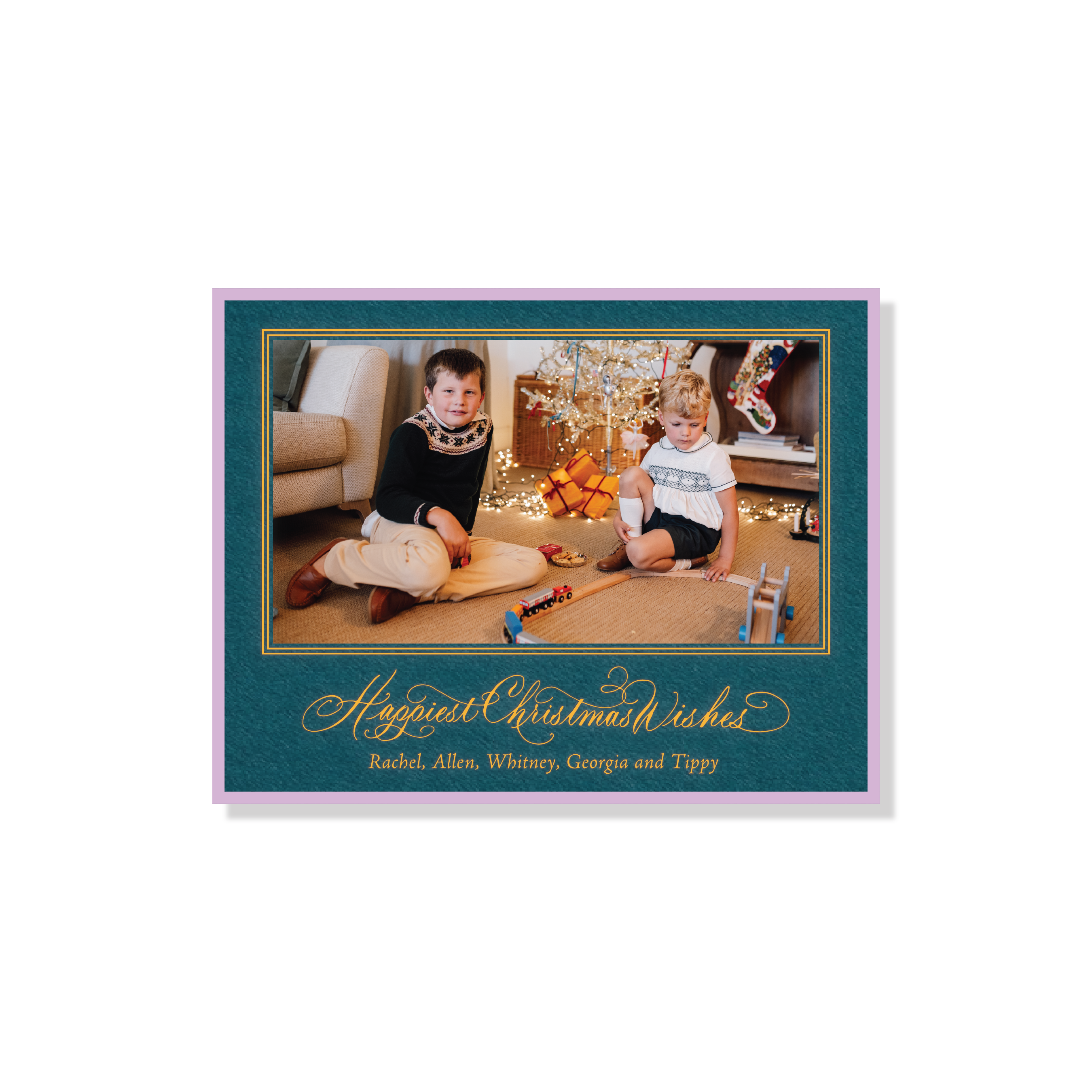 Waverly Engraved Holiday Card featuring hand-lettered “Happiest Christmas Wishes” calligraphy, a favorite family photograph, and traditional engraving.