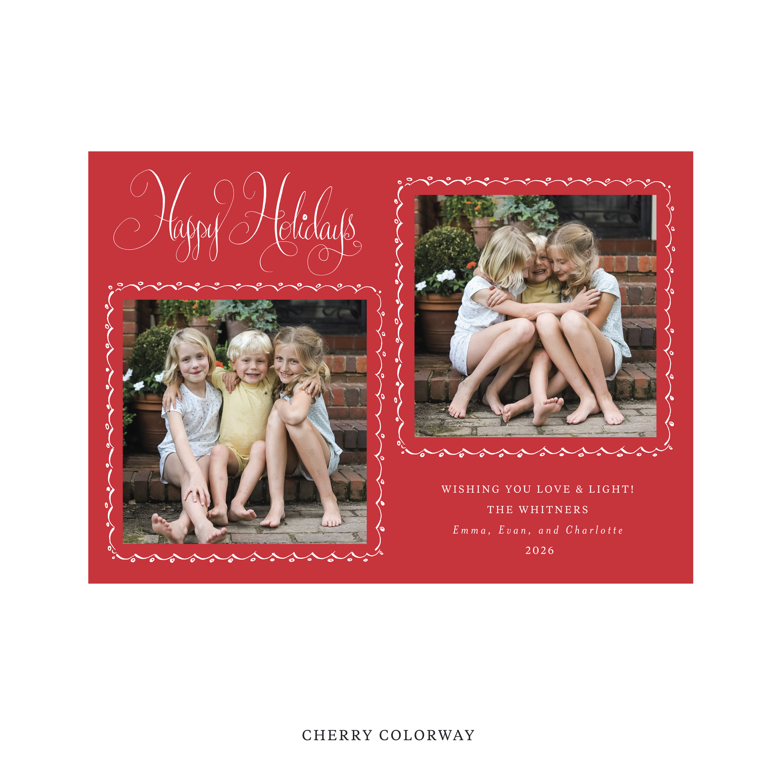 Celebrate the season with the Whitner "Happy Holidays" Holiday Card by Stovall Collection. Featuring original hand-lettered artwork, this luxury personalized photo mount holiday card is available in 22 thoughtfully curated flat printing colorways.