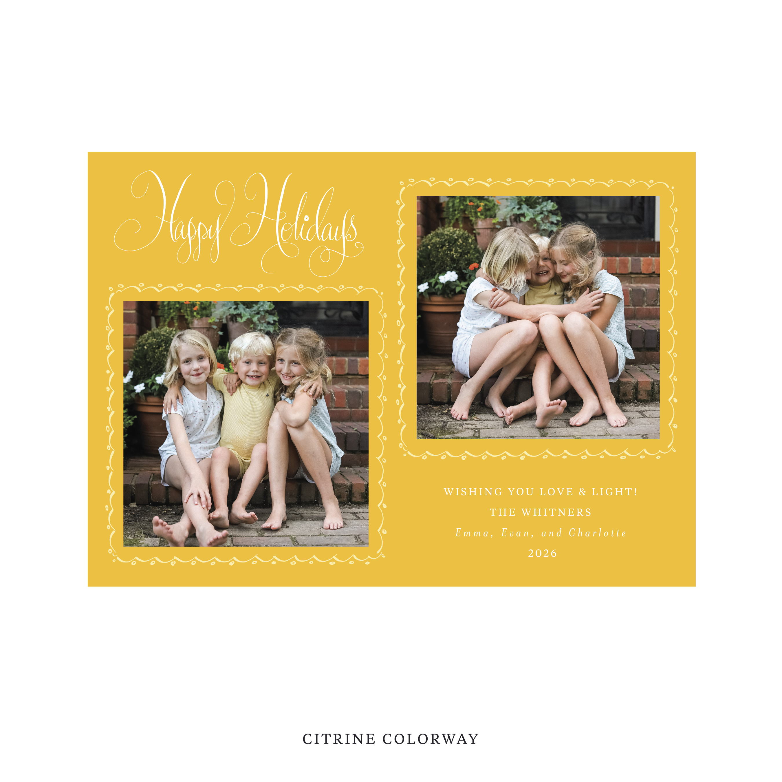Celebrate the season with the Whitner "Happy Holidays" Holiday Card by Stovall Collection. Featuring original hand-lettered artwork, this luxury personalized photo mount holiday card is available in 22 thoughtfully curated flat printing colorways.