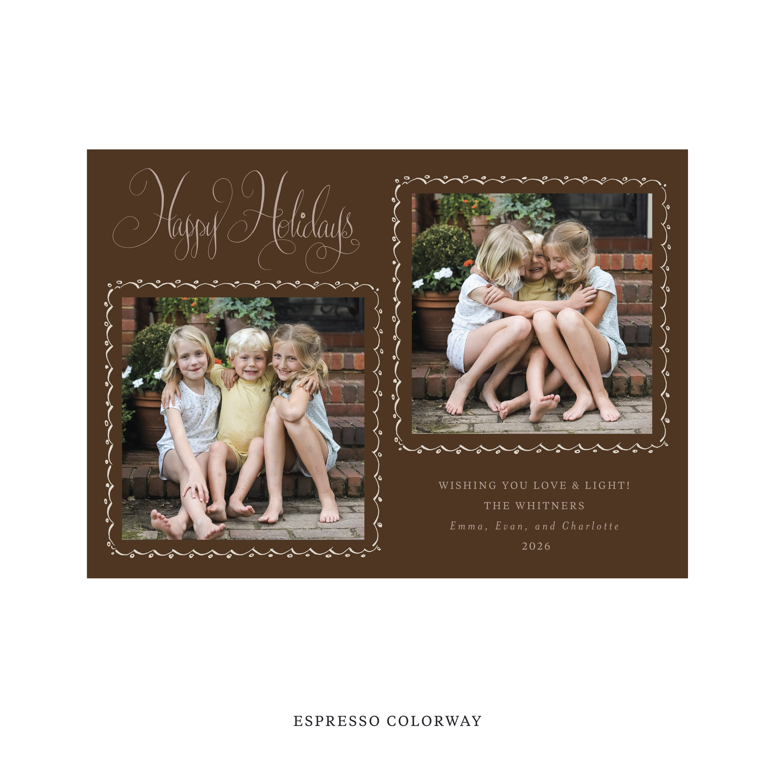 Celebrate the season with the Whitner "Happy Holidays" Holiday Card by Stovall Collection. Featuring original hand-lettered artwork, this luxury personalized photo mount holiday card is available in 22 thoughtfully curated flat printing colorways.