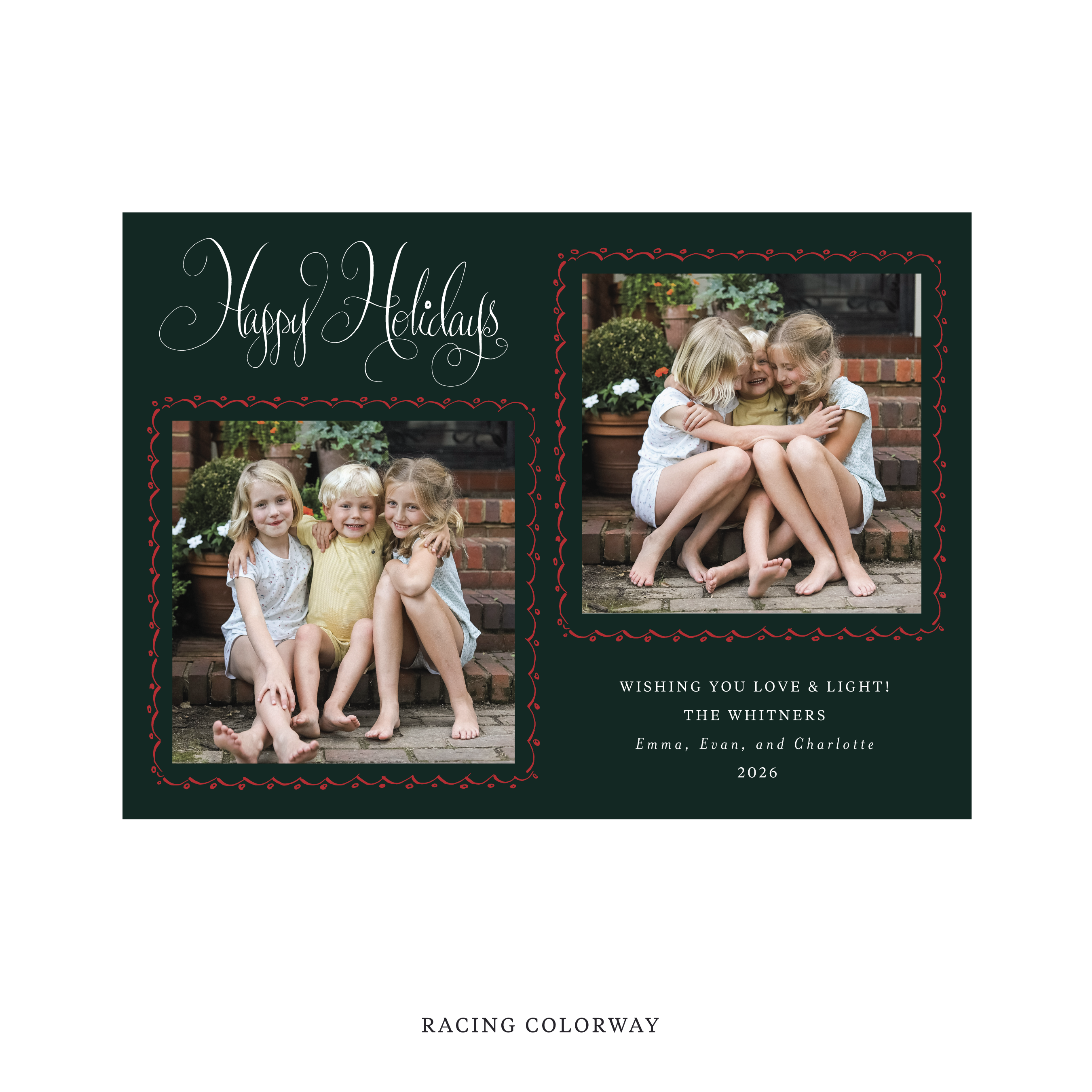Celebrate the season with the Whitner "Happy Holidays" Holiday Card by Stovall Collection. Featuring original hand-lettered artwork, this luxury personalized photo mount holiday card is available in 22 thoughtfully curated flat printing colorways.