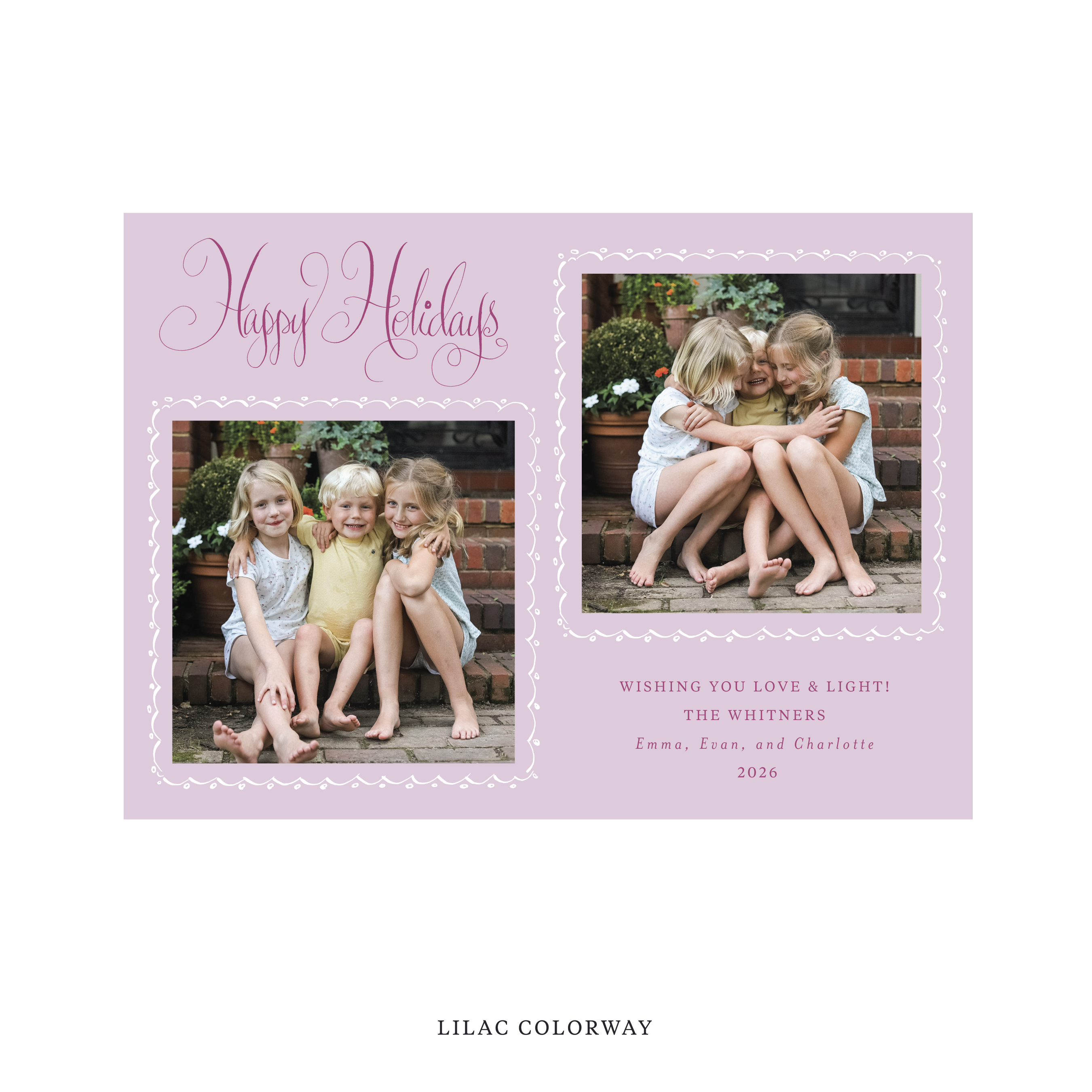 Celebrate the season with the Whitner "Happy Holidays" Holiday Card by Stovall Collection. Featuring original hand-lettered artwork, this luxury personalized photo mount holiday card is available in 22 thoughtfully curated flat printing colorways.
