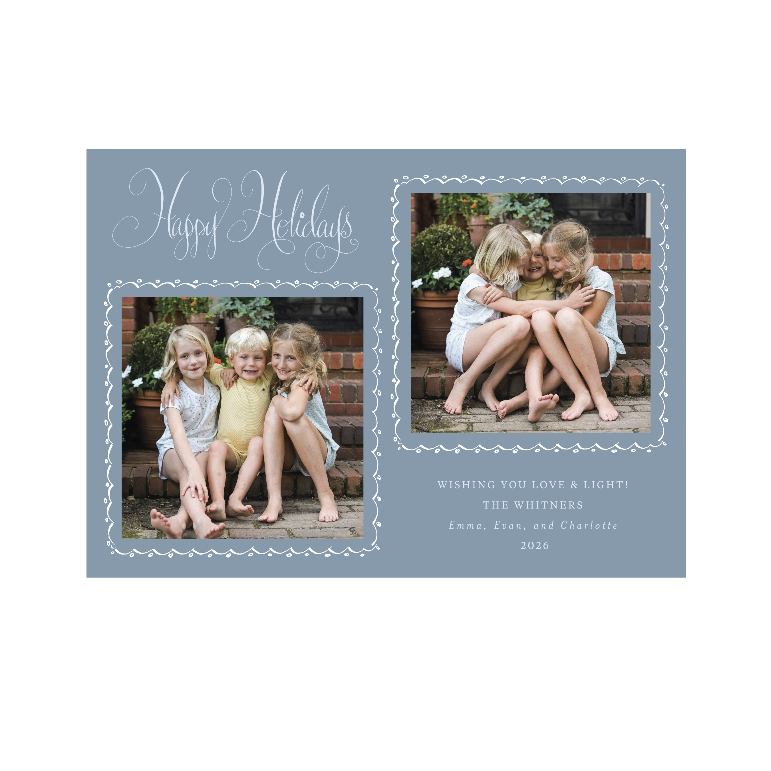 Celebrate the season with the Whitner "Happy Holidays" Holiday Card by Stovall Collection. Featuring original hand-lettered artwork, this luxury personalized photo mount holiday card is available in 22 thoughtfully curated flat printing colorways.