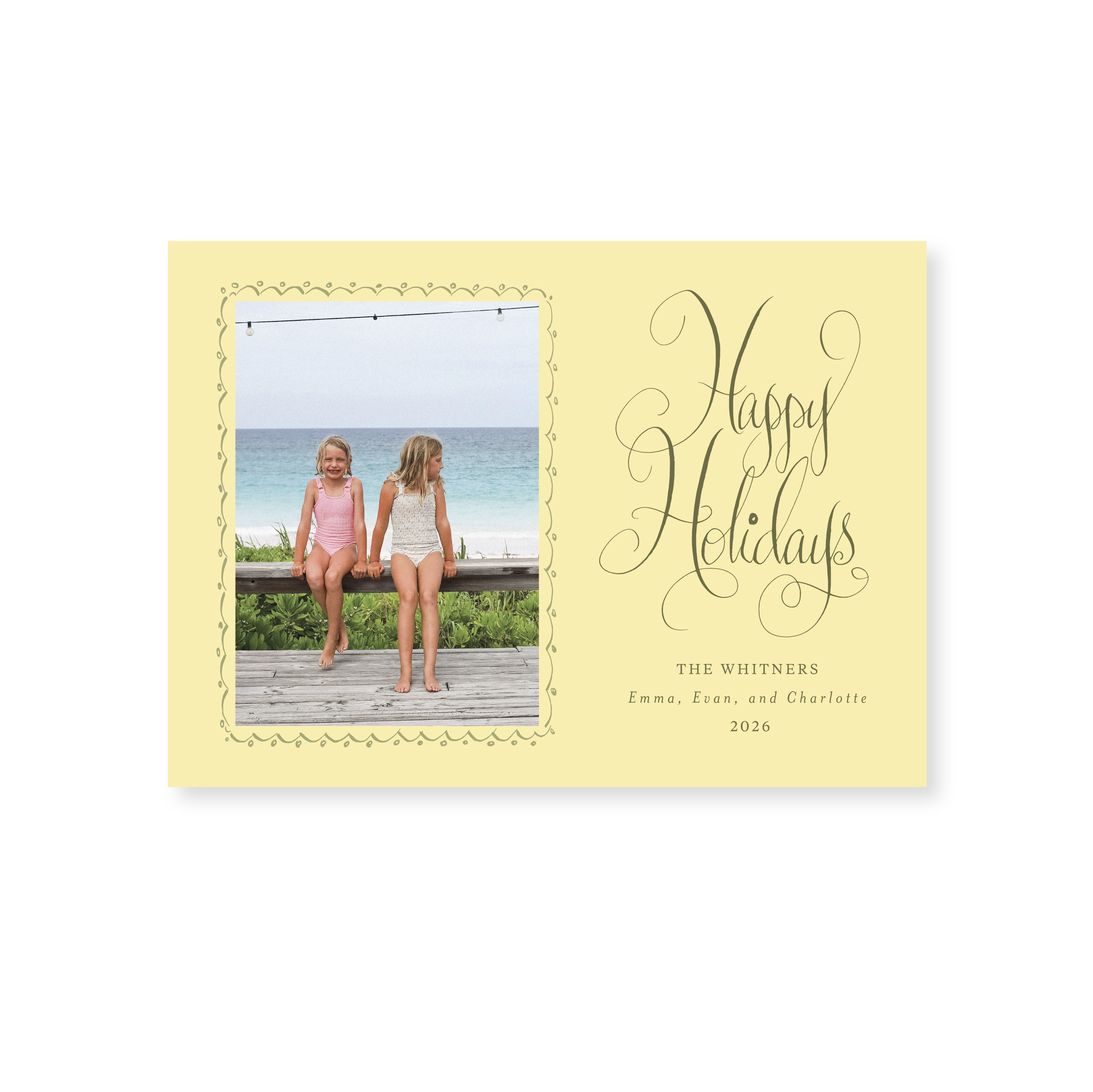 Whitner Classic Flat Print photo mount holiday card featuring original pen-and-ink "Happy Holidays" calligraphy by Stovall Collection.