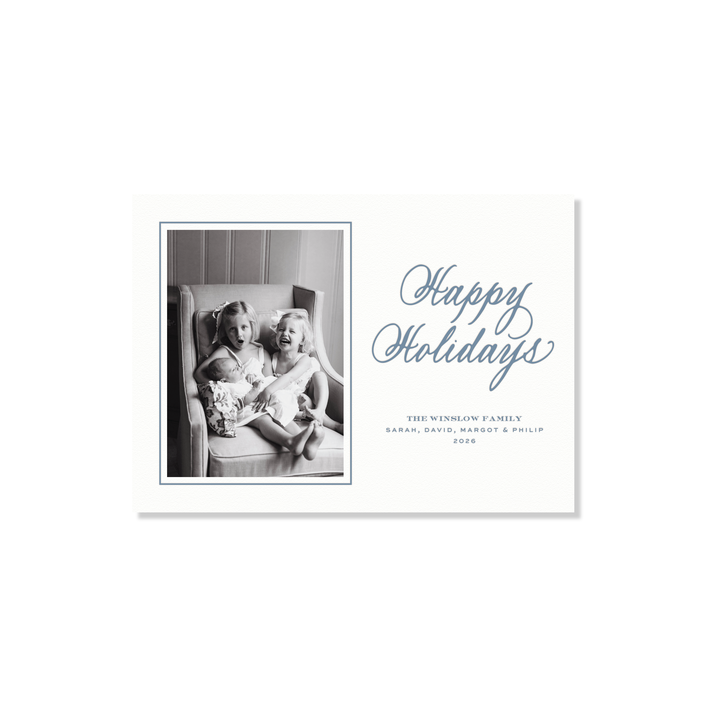 Luxury personalized Happy Holidays photo mount Christmas card by Stovall Collection featuring original hand-lettered artwork, a vertical family photograph, and elegant flat printed design.