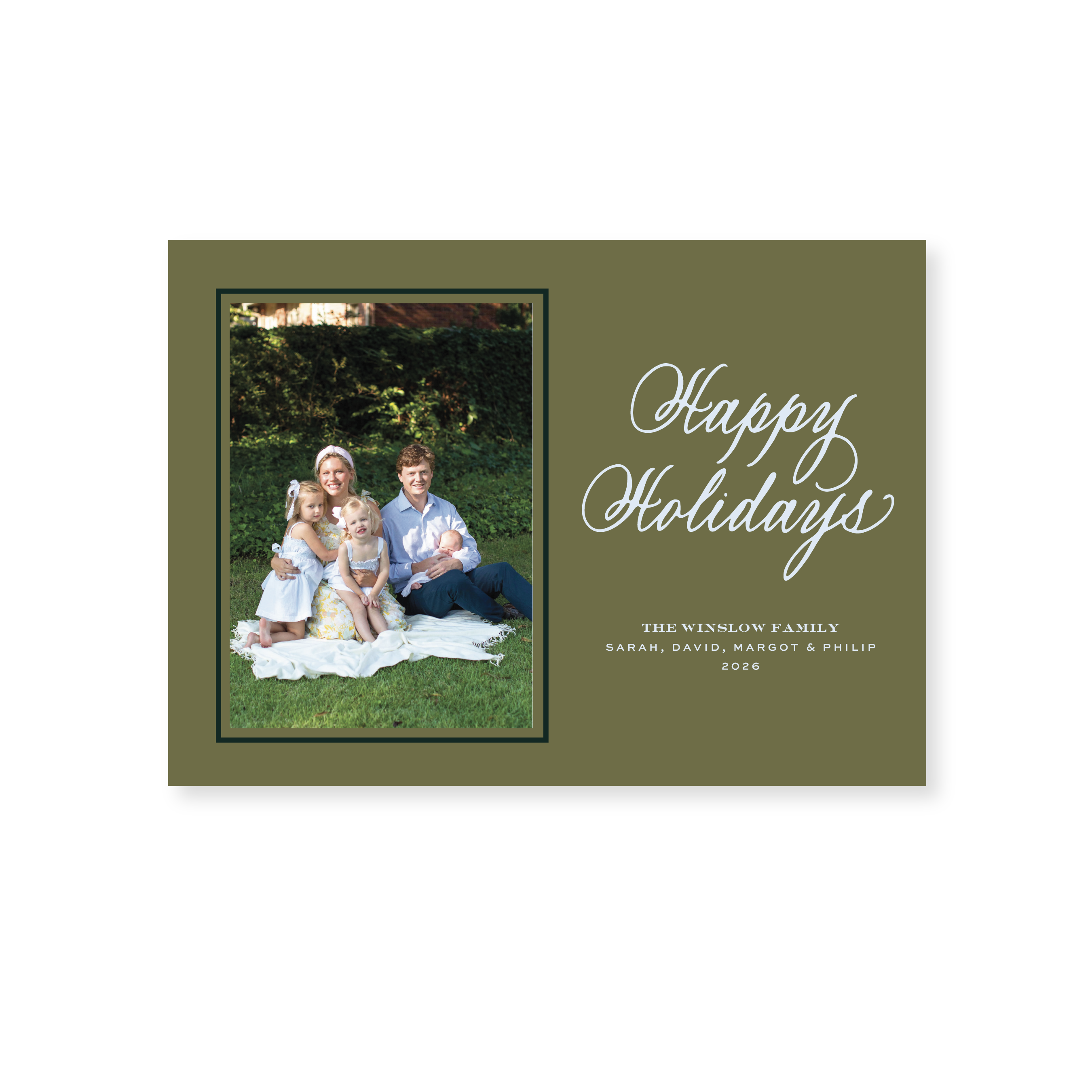 Winslow Classic Flat Print Happy Holidays photo mount holiday card featuring original hand-lettered artwork by Stovall Collection.