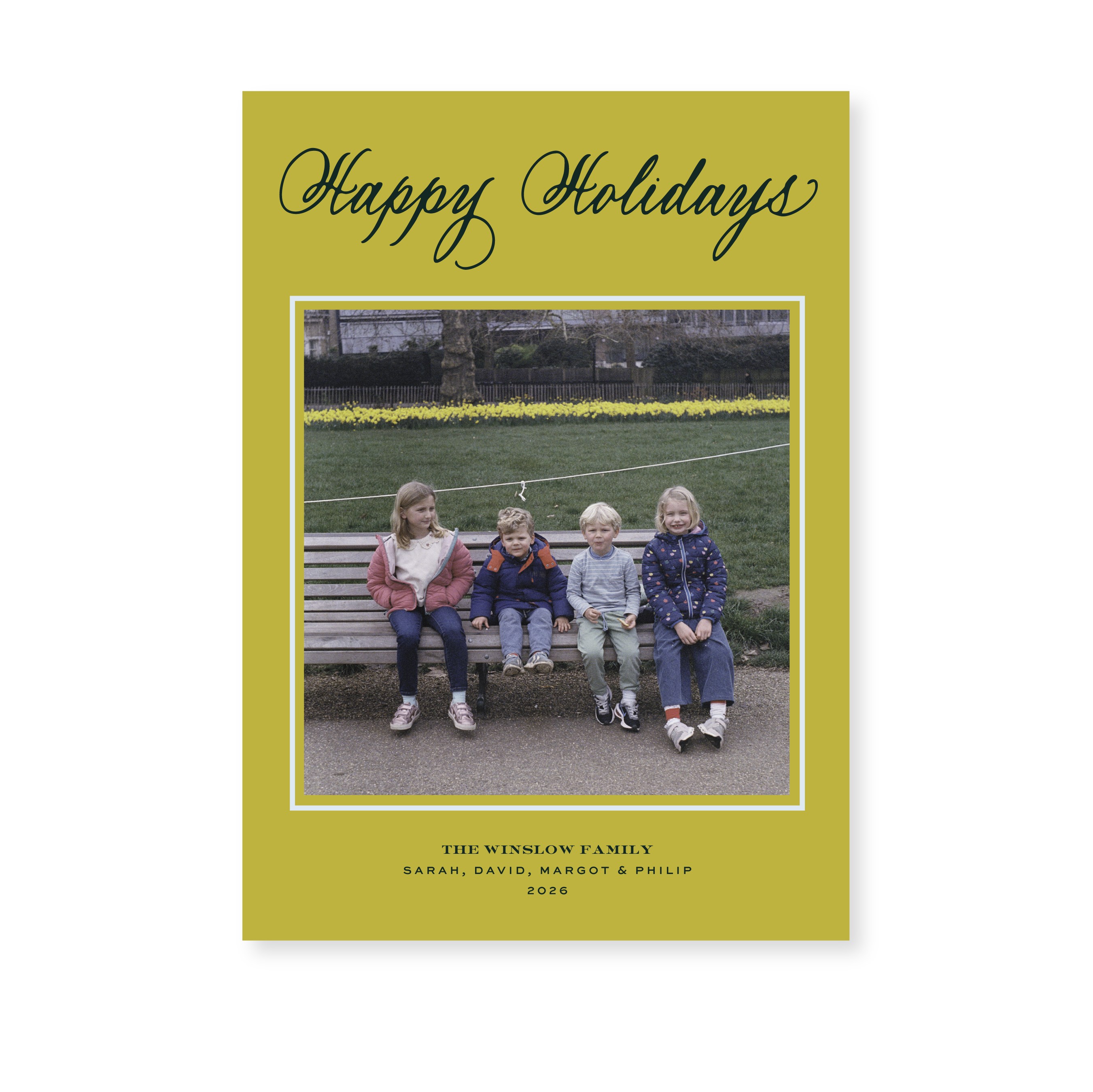 Winslow Classic Flat Print Happy Holidays photo mount holiday card featuring original hand-lettered artwork by Stovall Collection.