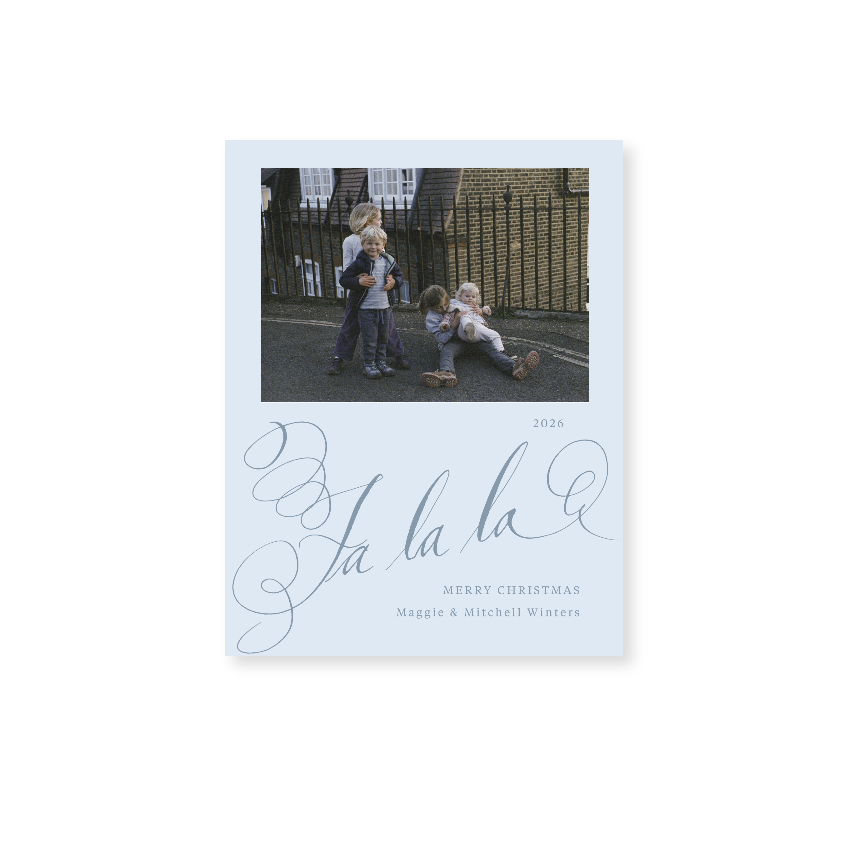 Farnley Classic Flat Print photo mount holiday card featuring original pen-and-ink "Fa La La" calligraphy by Stovall Collection.